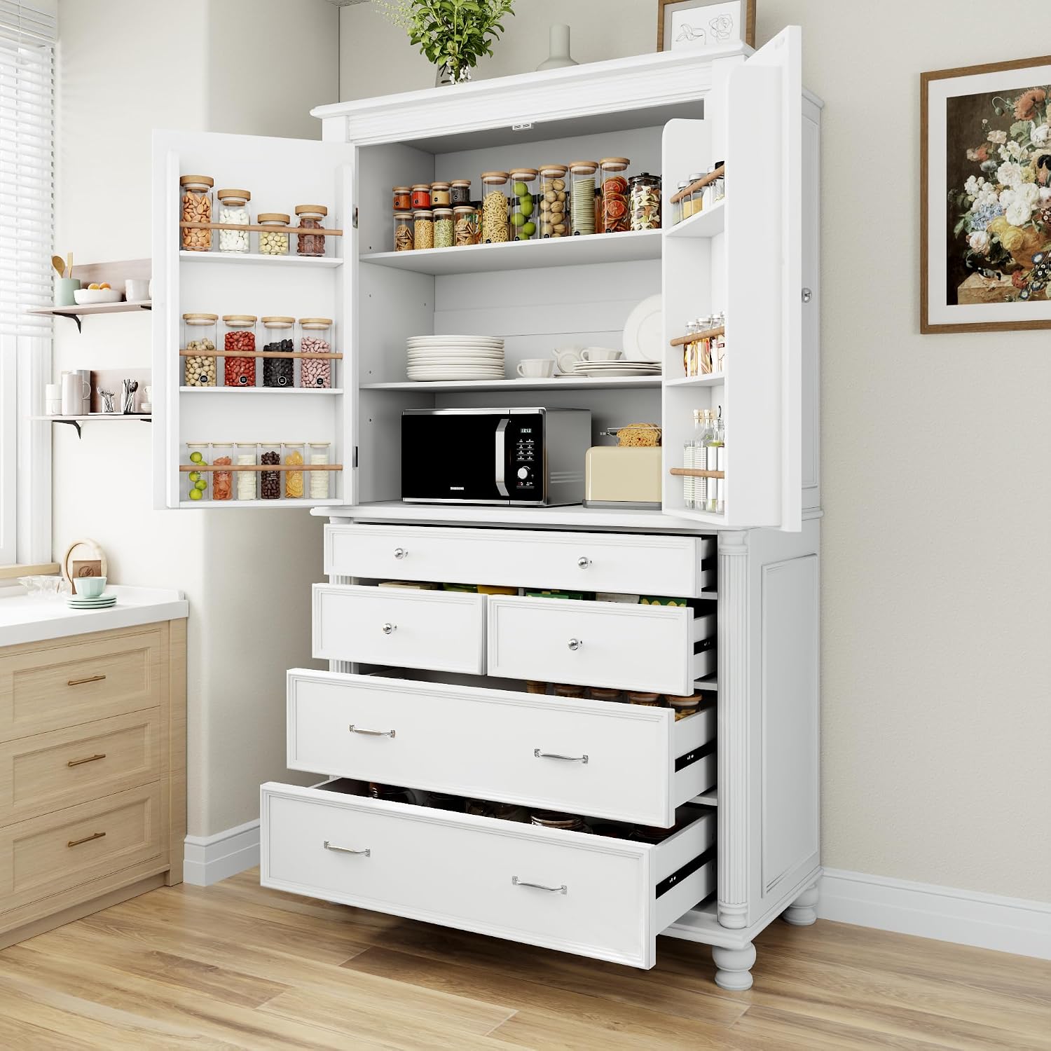 77.3 inch Tall Kitchen Pantry Cabinet with 6 Door Shelves and 2 Adjustable Shelves, Wooden Storage Cabinet Cupboard with 6 Drawers for Kitchen, Dining (White-83)