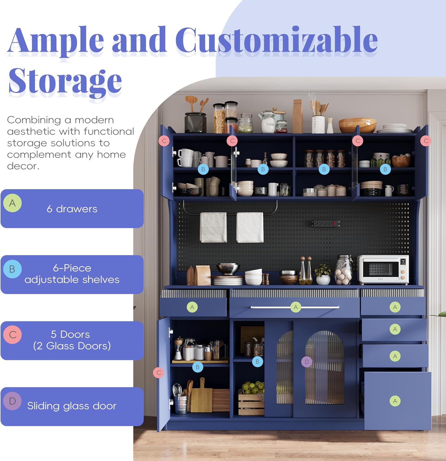 63'' W Buffet Cabinet with Hutch, Large Coffee Bar Storage Cabinet with 6 Drawers, Kitchen Pantry Sideboard with 5 Cabinets and Adjustable Shelves, Pegboard, Towel Rack, Power Outlet
