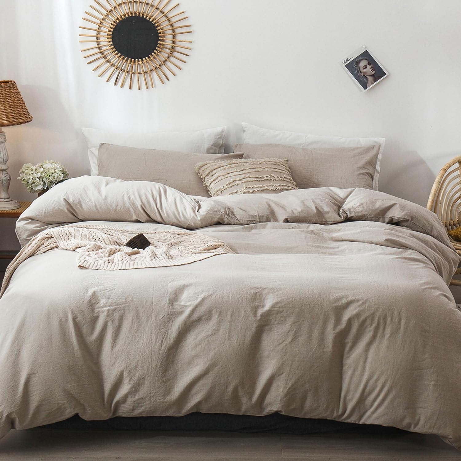 MooMee Bedding Duvet Cover Set 100% Washed Cotton Linen Like Textured Breathable Durable Soft Comfy (Heathered Tannish Linen Grey, Super King Plus 120'x120')