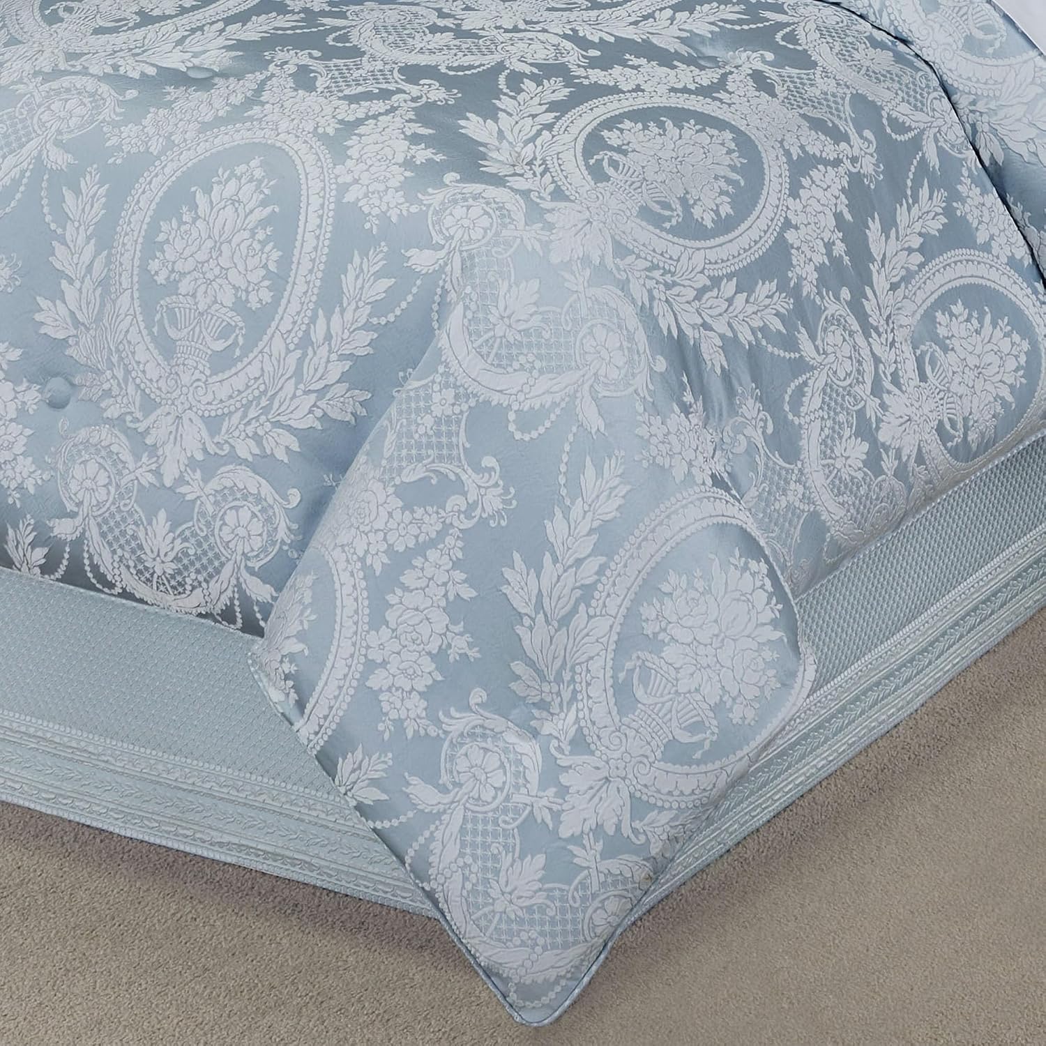 Contessa Luxury Bedding | Iced Platinum and Powder Blue | Puff Jacquard-Woven Florals | 11 Pc Set: King Comforter, Bedskirt, 2 King Shams, 2 Euro Shams, 2 Euro Pillow Inserts, and 3 Decorative Pillows