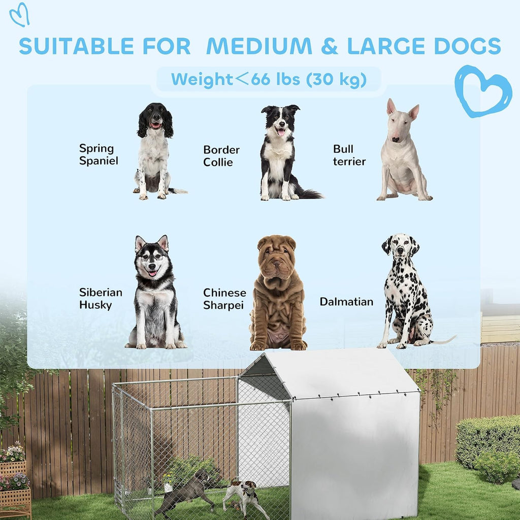 PawHut Large Outdoor Dog Kennel, Heavy Duty Galvanized Chain Link Dog Kennel Outside with Waterproof & UV-Resistant Cover, Rotating Bowls Door, for M&L Breeds, Chickens, Ducks, 13' x 7.5' x 7.5'
