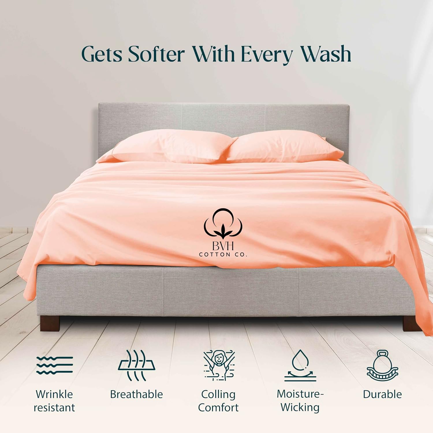 Egyptian Cotton Queen Size Sheet Set, 4Pc Bed Set, Soft & Breathable Percale Weave, Fits 10-12' Deep Pocket, Hotel-Quality 1000 Series Bed Sheets (Solid, Peach)