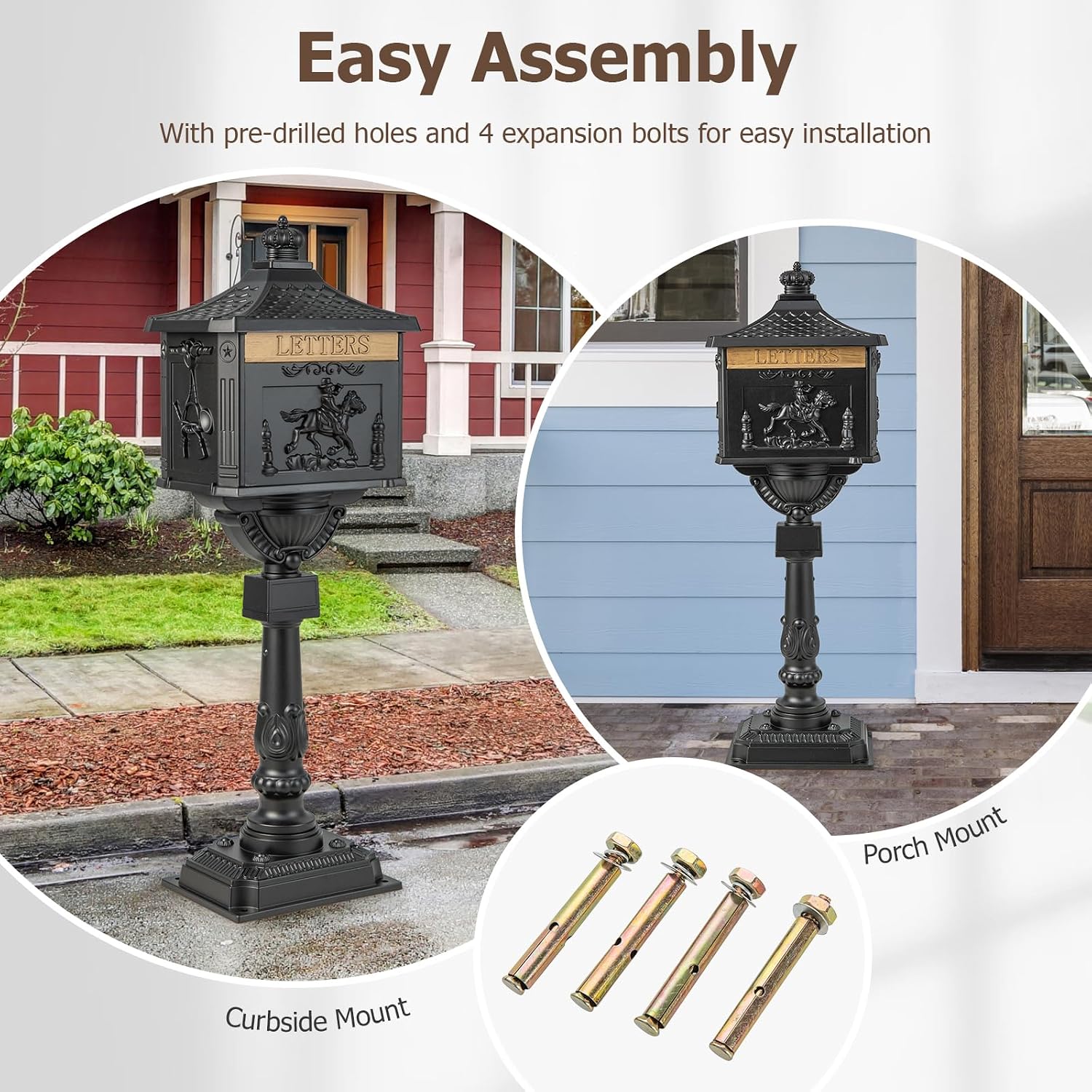 Goplus Mailbox Cast Aluminum with Post, Heavy Duty Locking Security Mail Box for House Outside, Vintage Postal Box with Keys & Baffle Door, Large, Freestanding, Post Mount