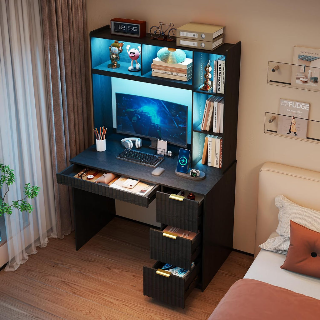 40' W Fluted Study Desk with Hutch and Storage Cabinet, Computer Desk with Power Outlet & LED Lights, Home Office Desk with Card-Based Lock for Study, Bedroom, Living Room, Retro Black