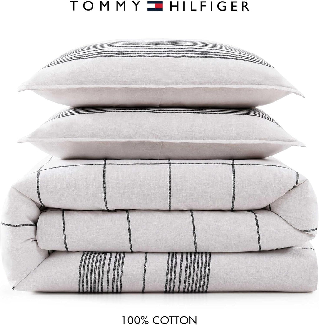 Tommy Hilfiger - Twin/Twin XL Comforter Set, Soft Textured Cotton Bedding w/Matching Pillowcase, Lightweight for Year Round Comfort, 2 Piece Bed Set (Brooklyn Heights Stripe Beige)