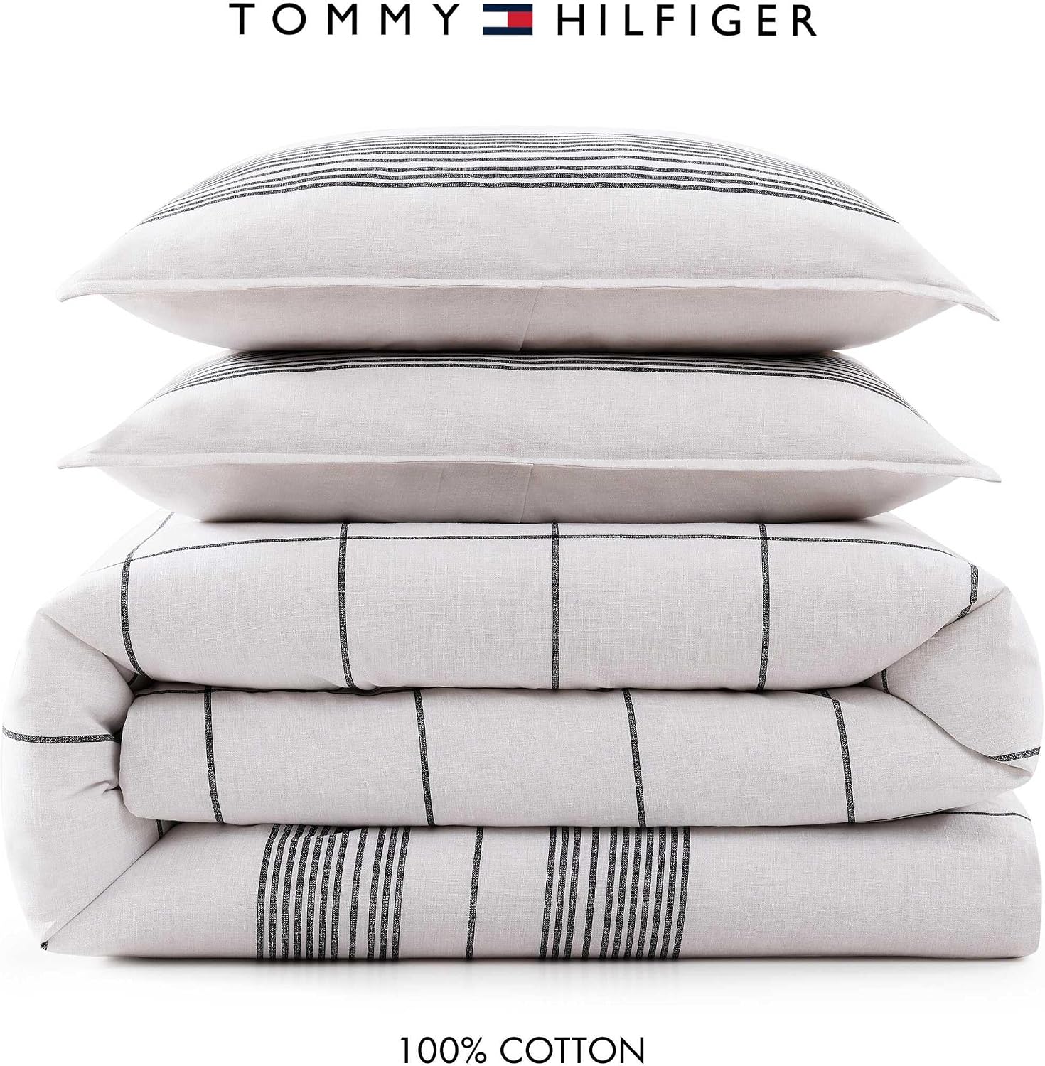 Tommy Hilfiger - Twin/Twin XL Comforter Set, Soft Textured Cotton Bedding w/Matching Pillowcase, Lightweight for Year Round Comfort, 2 Piece Bed Set (Brooklyn Heights Stripe Beige)