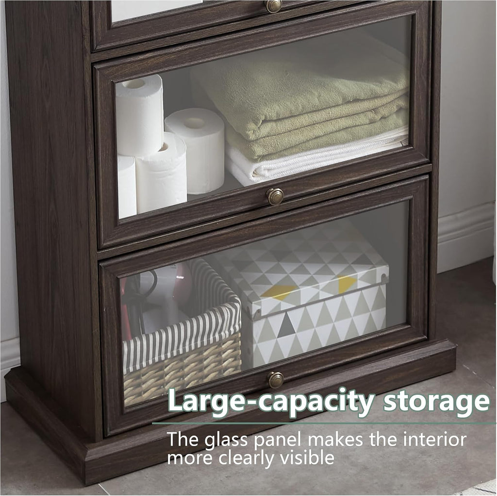 Brown Glass Display Curio Cabinet, Barrister Bookcase with Glass Doors, Rustic Brown Wood Display Cabinet, 31.5'L x 13.7'W x 63'H