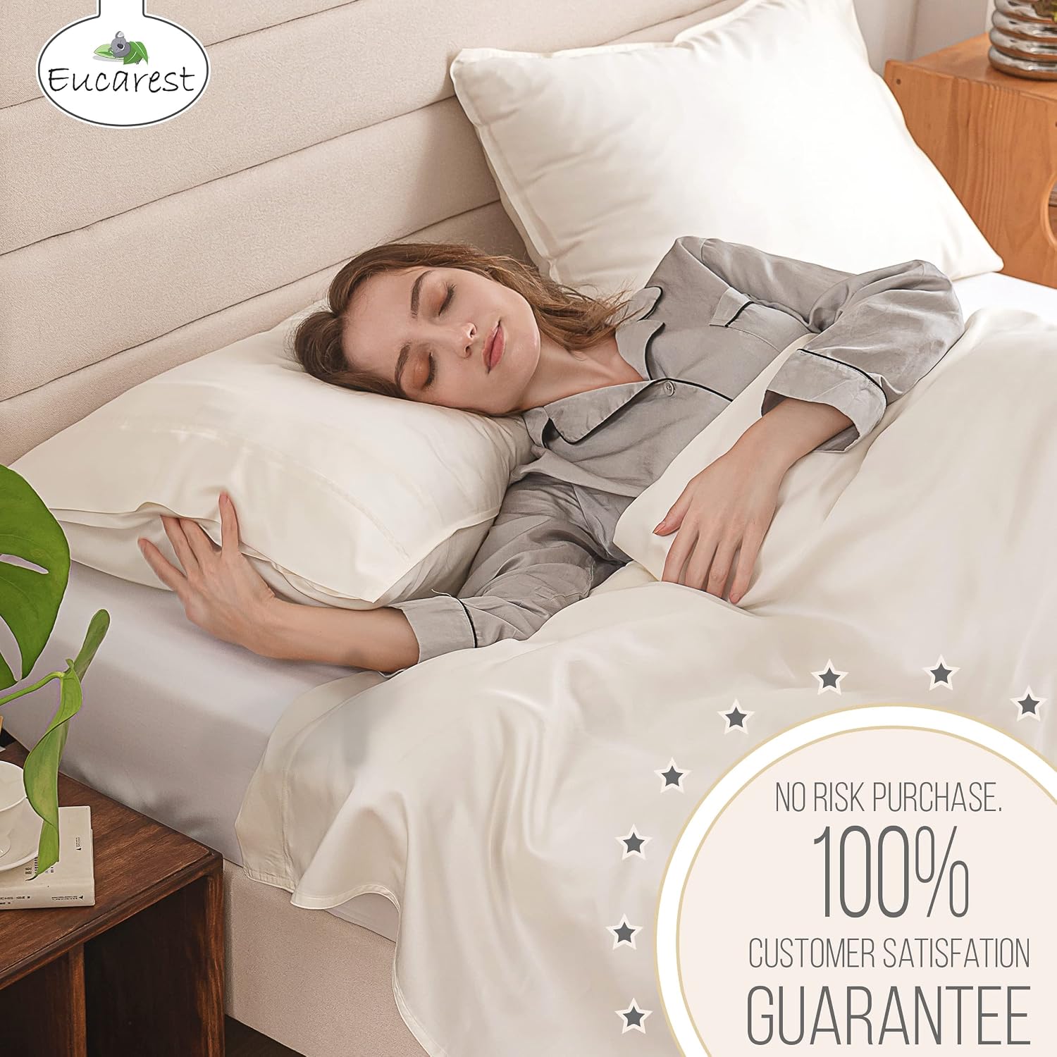 Eucalyptus Lyocell Bed Sheets, Hypoallergenic 100% Organic Tencel, Thermal Regulating and Moisture Wicking for Hot Sleepers, Superior Thread Quality, Extra Deep Pockets King Size - Ivory