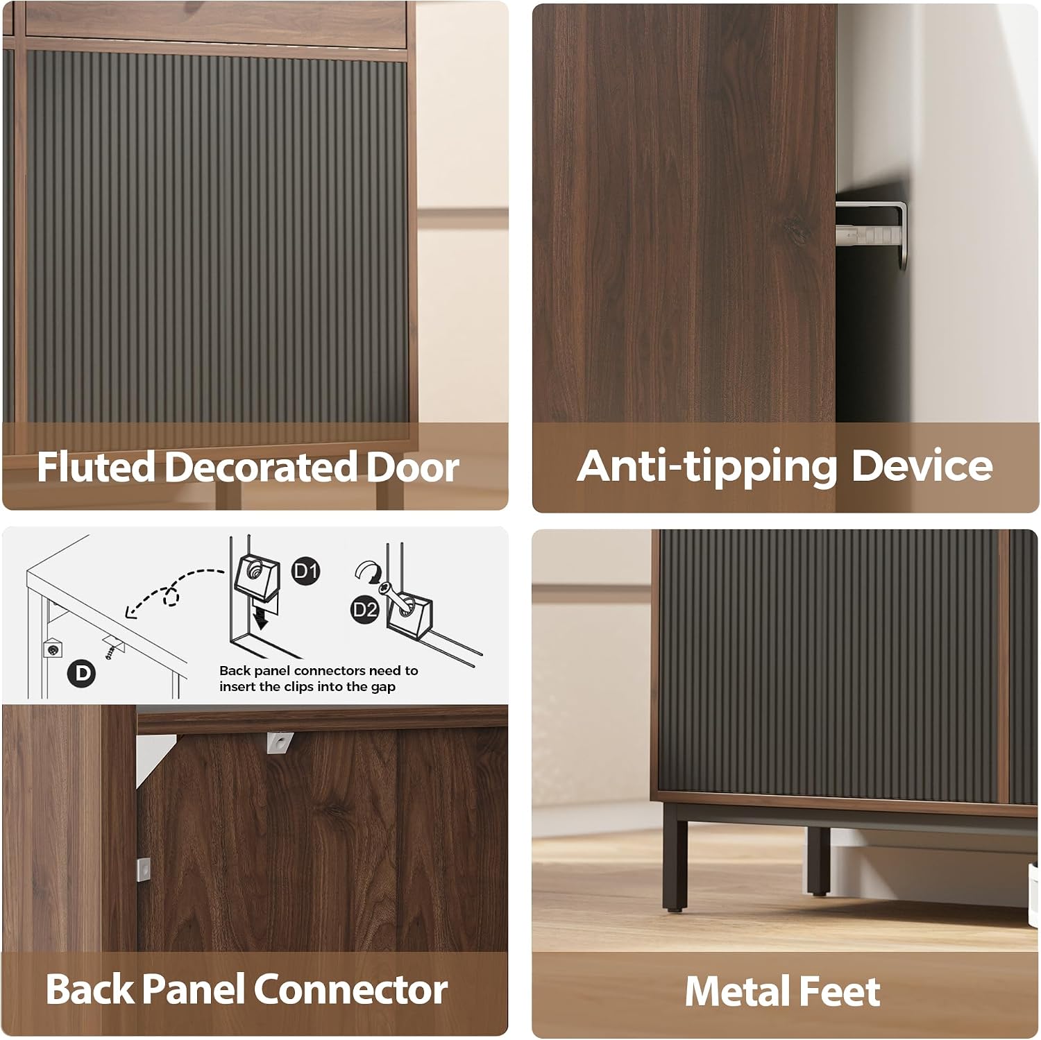 Mericonia Farmhouse Buffet Sideboard Cabinet with Storage, Fluted Coffee Bar with Doors and Adjustable Shelves, Modern Wood Console Cabinet with Drawers (4 Door, Walnut&Black 2 Drawer)
