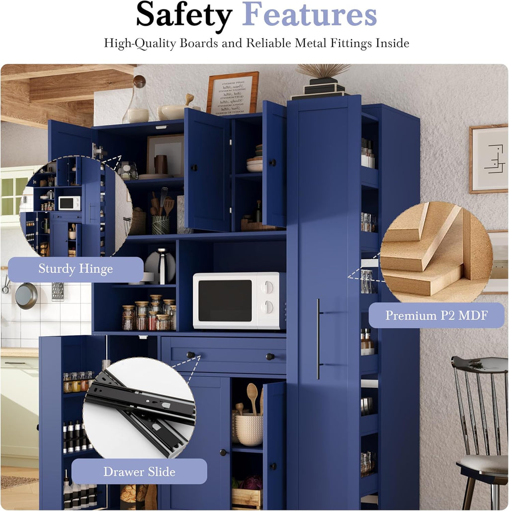 Modern 70inch Kitchen Pantry Storage Cabinet Cupboard with Hutch, Freestanding Buffet with Pull-Out Side Cabinet and Drawer for Living Room, Kitchen