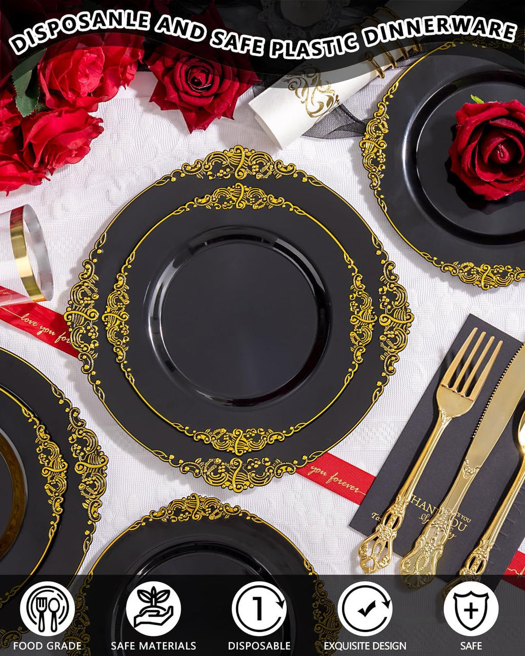 YOUBET 700PCS Black Plastic Plates - Black and Gold Plates - Gold Plastic Dinnerware Set Include 200 Disposable Plate, 300 Heavy Duty Silverware, 100 Cups, 100 Napkins for Wedding & Party