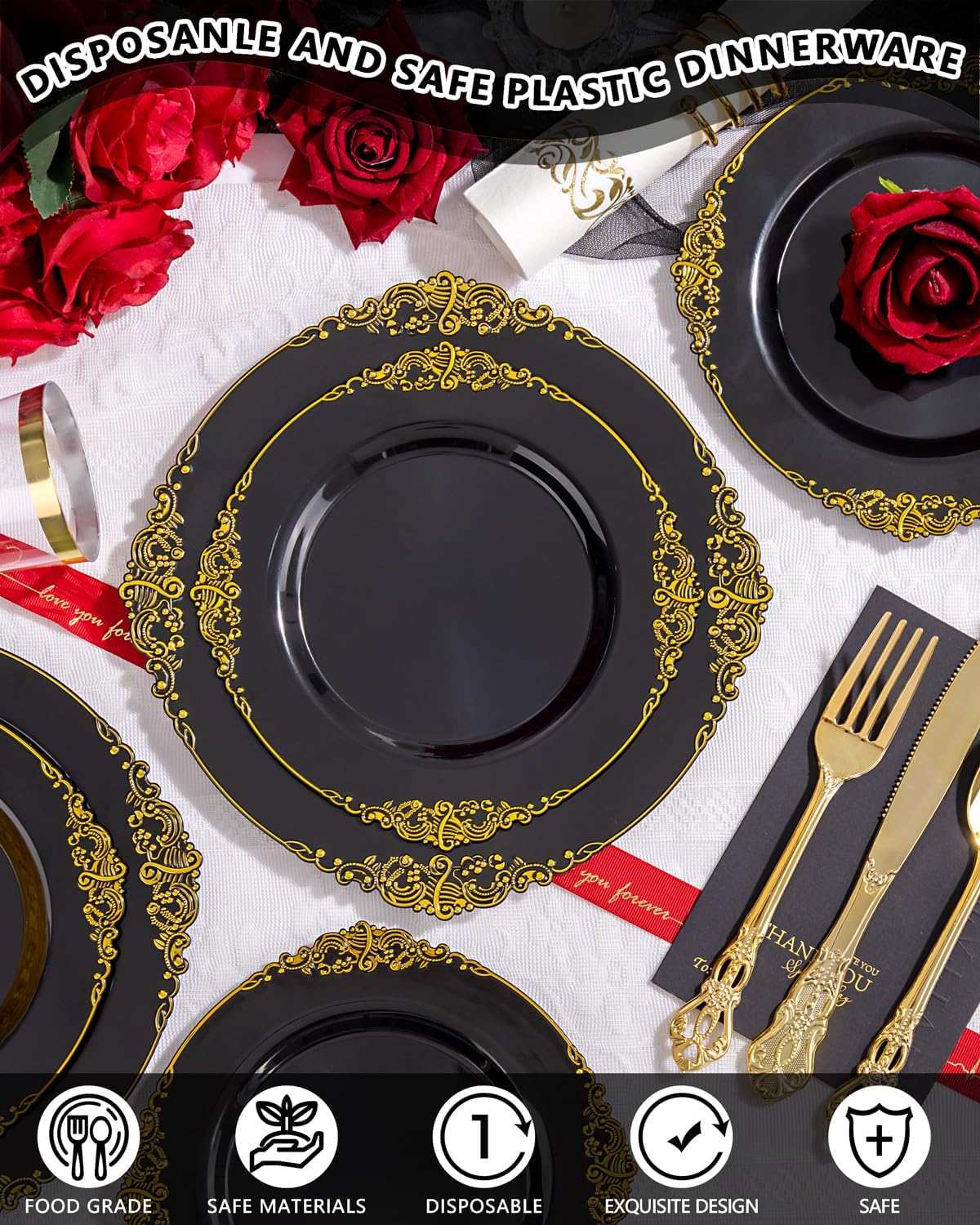 YOUBET 700PCS Black Plastic Plates - Black and Gold Plates - Gold Plastic Dinnerware Set Include 200 Disposable Plate, 300 Heavy Duty Silverware, 100 Cups, 100 Napkins for Wedding & Party