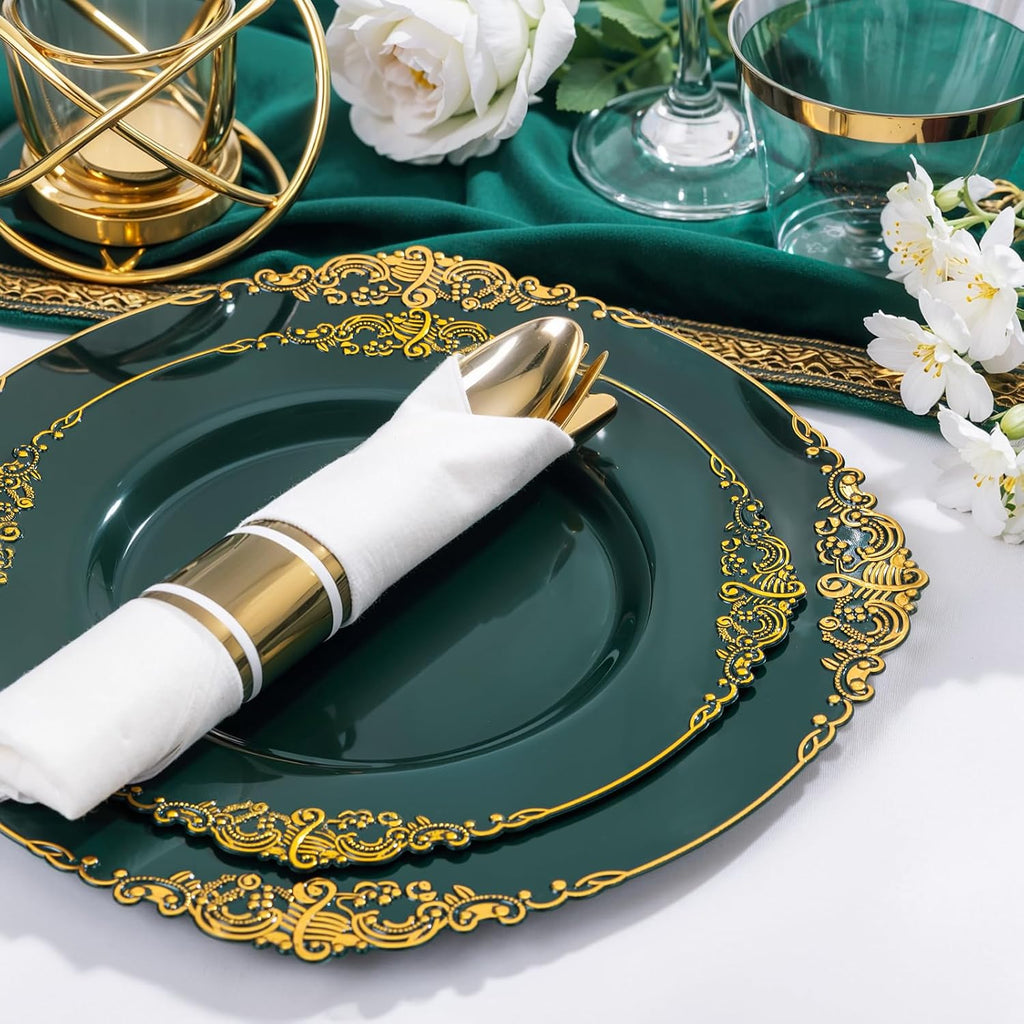 Nervure 175PCS Green Plastic Plates - Disposable Green Gold Party Plates & Pre Rolled Napkins with Cutlery for 25 Guests, 50Plates, 75Silverware, 25Cups, 25Napkin for Wedding & Party (Pack of 2)