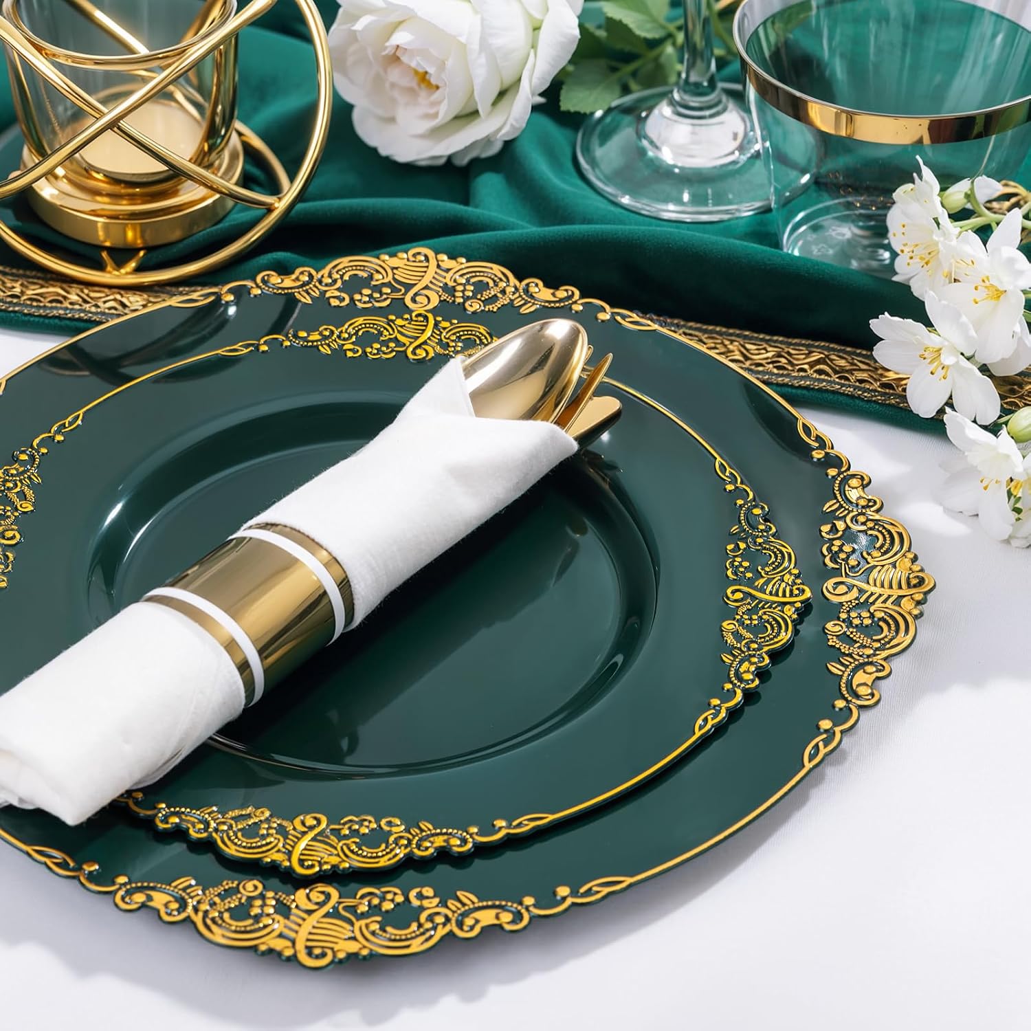 Nervure 175PCS Green Plastic Plates - Disposable Green Gold Party Plates & Pre Rolled Napkins with Cutlery for 25 Guests, 50Plates, 75Silverware, 25Cups, 25Napkin for Wedding & Party (Pack of 2)