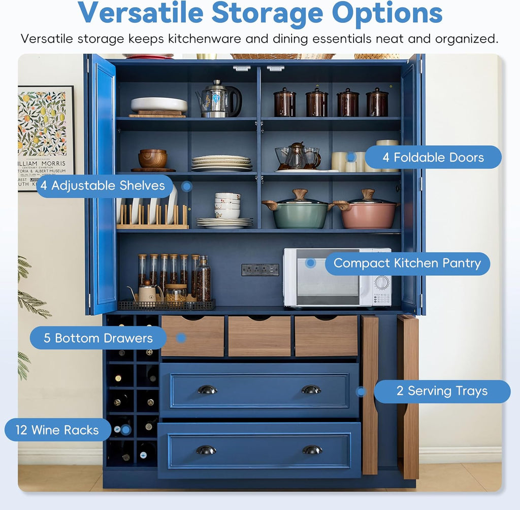 Farmhouse 71''H Large Kitchen Pantry, 53.2''Lx17.7''W Wood Dining Storage Cabinet Cupboard with 4 Foldable Doors, Power Outlet, Shelves, Wine Racks and Serving Trays (Blue-Fold D)