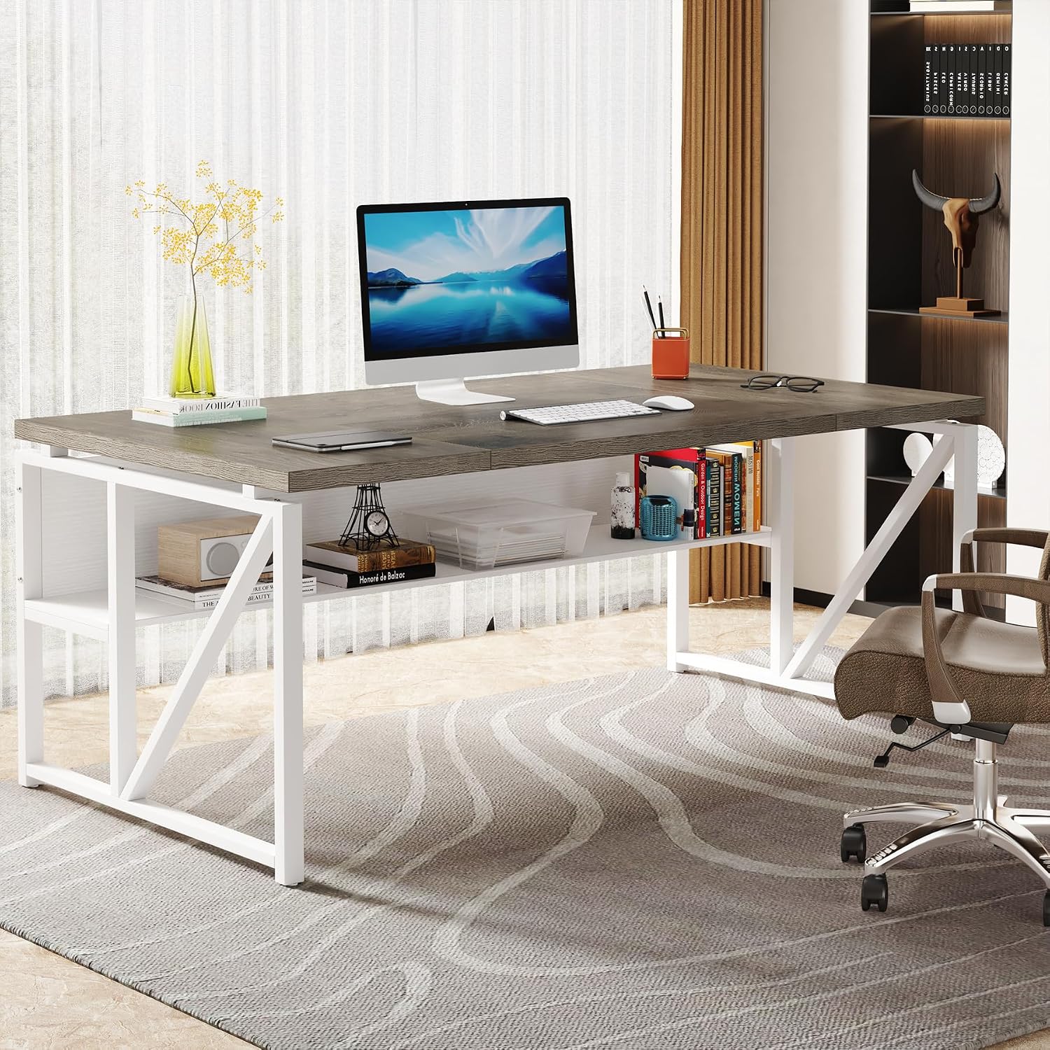 Tribesigns 63 inches Computer Desk with Bottom Storage Shelf Home Office Desk Writing Table for Workstation,Dark Walnut + Steel Leg， Cabinet not Included (Dark Oak, 63-inch-with Shelf)