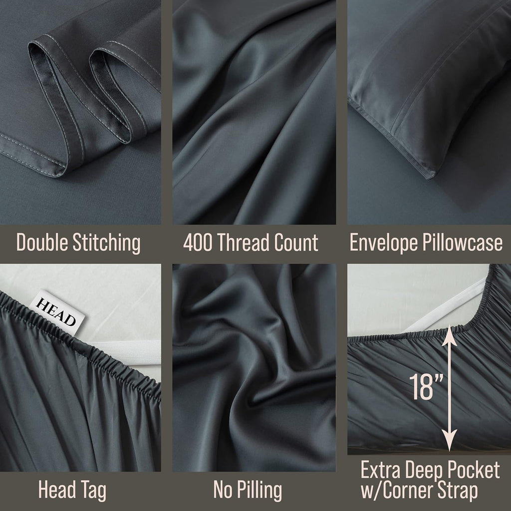 Bella Coterie Luxury Bamboo Viscose Queen Size Sheet Set | 100% Organically Grown | Ultra Soft | Cooling for Hot Sleepers | 18' Deep Pocket [Charcoal Grey]