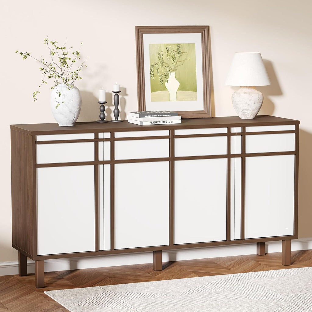 58 inch Sideboard Buffet Cabinet with 3 Drawers, Modern Credenza with 4 Doors & Adjustable Shelf, Large Coffee Bar Storage for Kitchen, Entryway