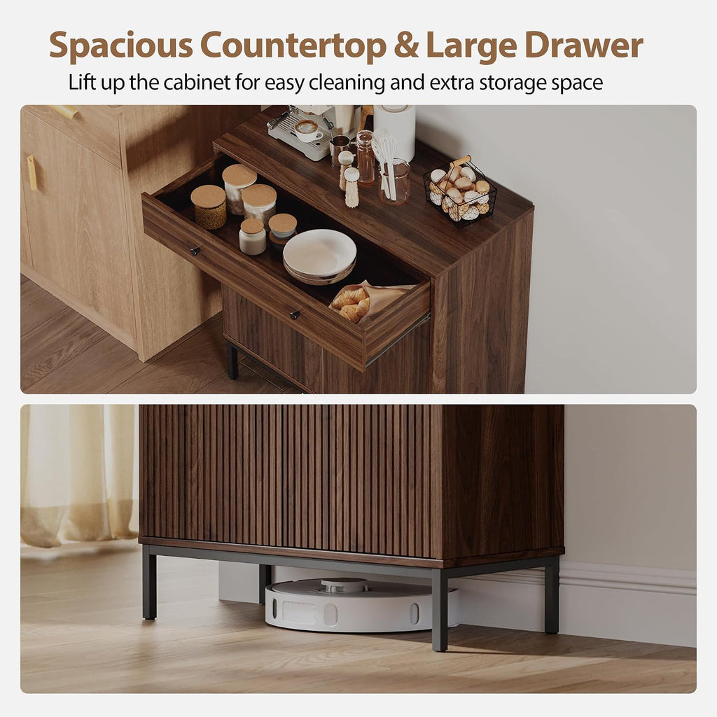 Mericonia Farmhouse Buffet Sideboard Cabinet with Storage, Fluted Coffee Bar with Doors and Adjustable Shelves, Modern Wood Console Cabinet for Kitchen, Livingroom (Fluted 2 Door, Walnut)