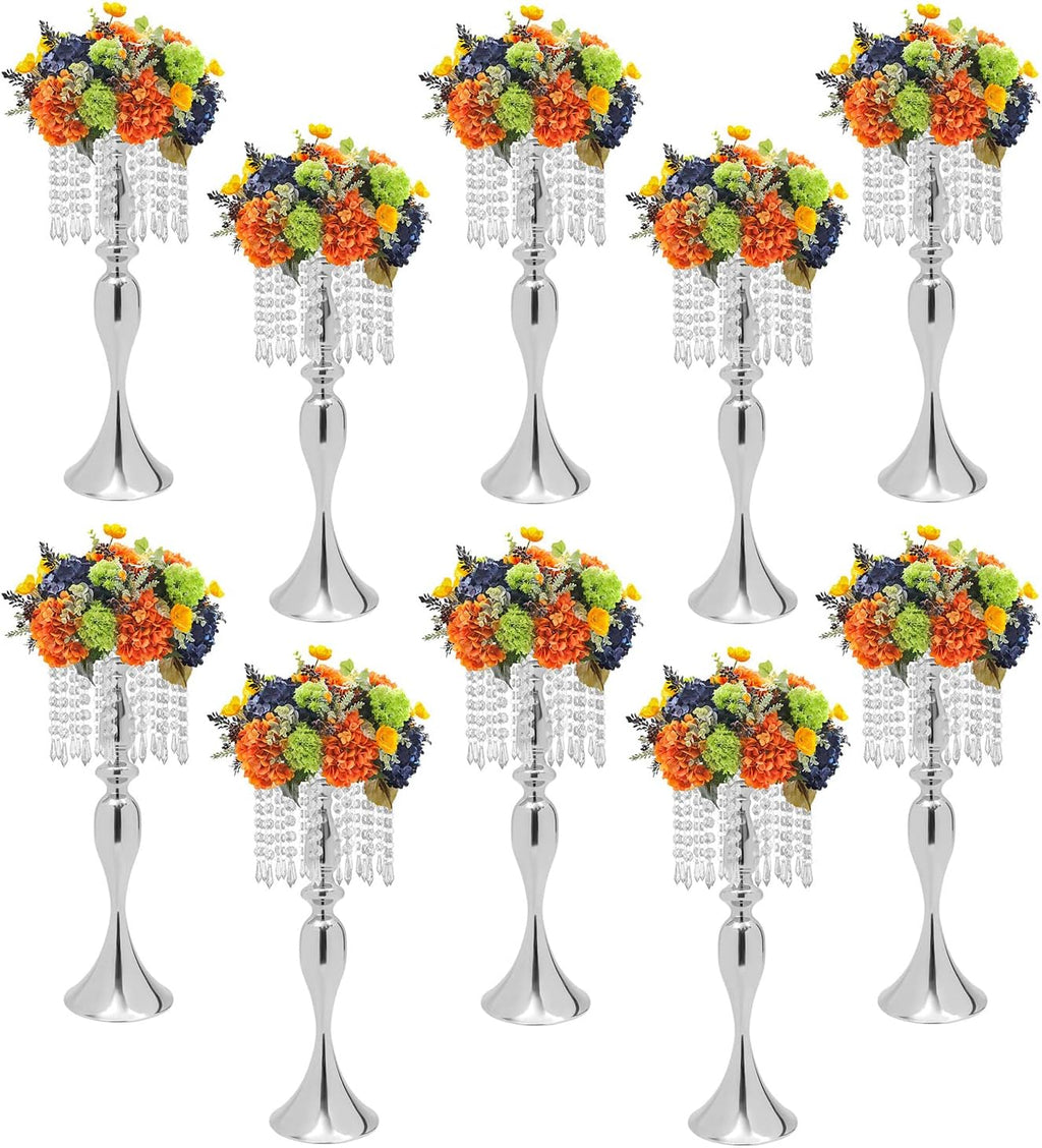 10PCS Crystal Flower Stand Wedding Centerpieces 21.3Inch Tall Sliver Vases Metal Flower Candle Holder with Sparkling Crystal for Table Wedding Party Dinner Event Decor (Silver-6)