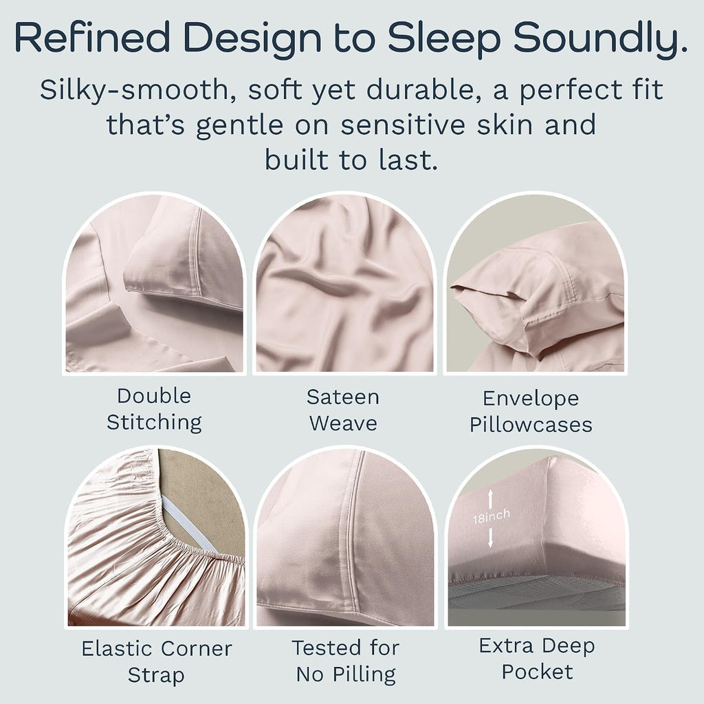 Olive + Crate Tencel Lyocell Eucalyptus Queen Size Sheet Set - Cooling Tencel Sheets for Hot Sleepers with 18 Inch Deep Pocket Fit - Barely Pink 4-Piece Set