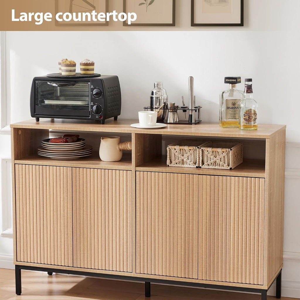 46 inch Sideboard Buffet Cabinet with Open Storage Shelf, Modern Fluted Credenza with 4 Doors and Adjustable Shelf, Large Coffee Bar Storage for Kitchen, Entryway