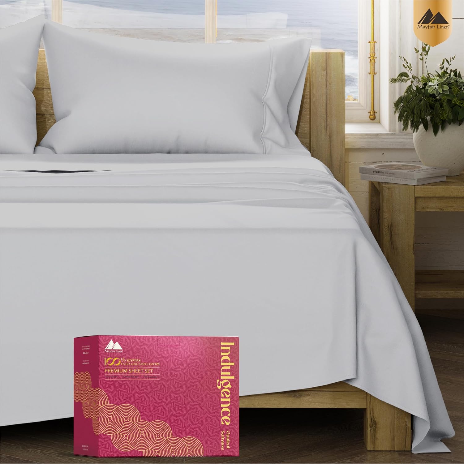 Mayfair Linen 100% Egyptian Cotton Queen Sheet Set - Luxury 1200 Series Egyptian Cotton Sheets Queen Size (4 PC, Light Grey), Silky Soft, Cooling & Breathable, 17' Deep Pocket Sateen Hotel Bedding