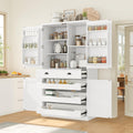 Freestanding 4 Doors Kitchen Pantry, Wood Kitchen Cupboard Storage Cabinet with 6 Door Shelves, Drawer and 3 Pull-Out Trays for Dining Room (White-4.14)