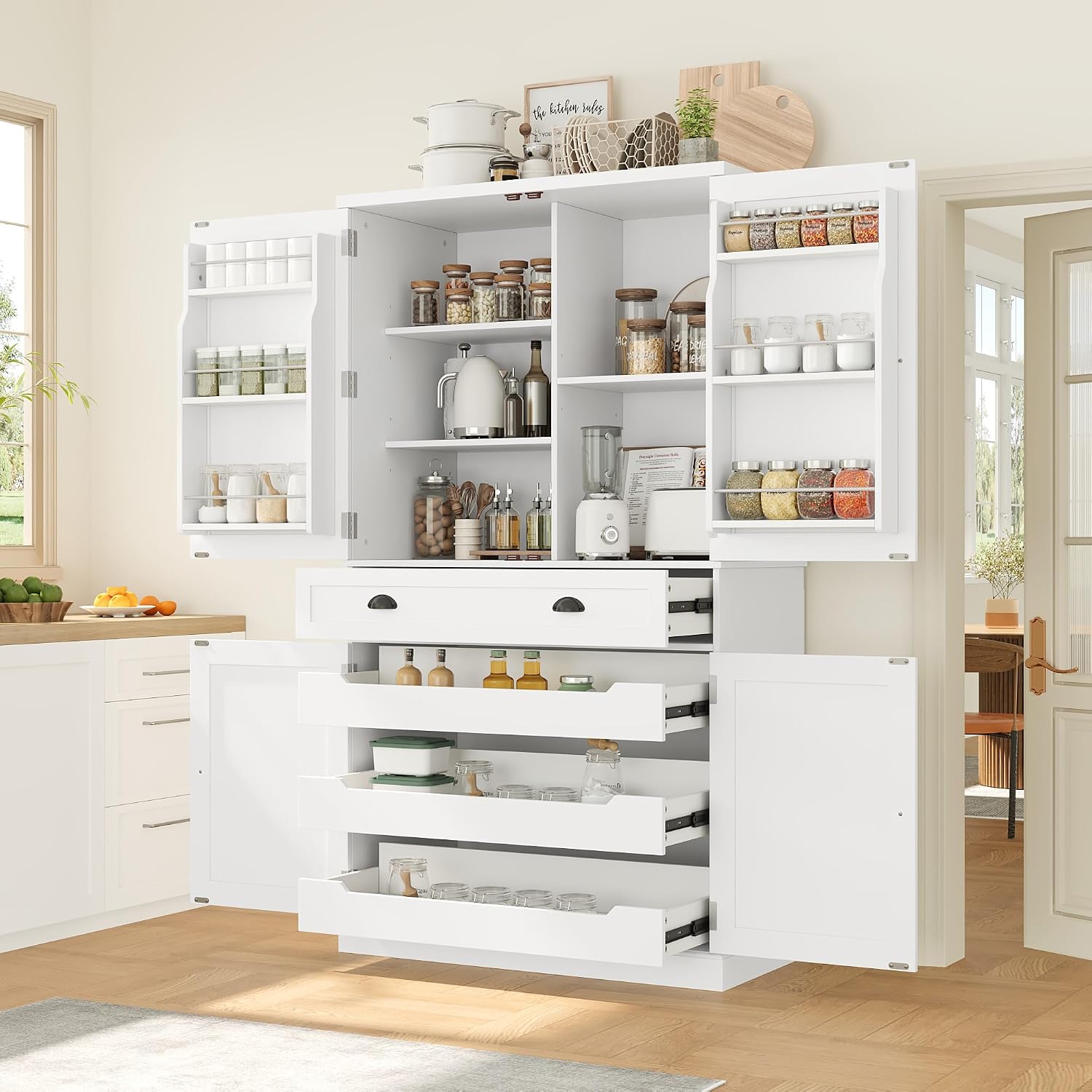 Freestanding 4 Doors Kitchen Pantry, Wood Kitchen Cupboard Storage Cabinet with 6 Door Shelves, Drawer and 3 Pull-Out Trays for Dining Room (White-4.14)