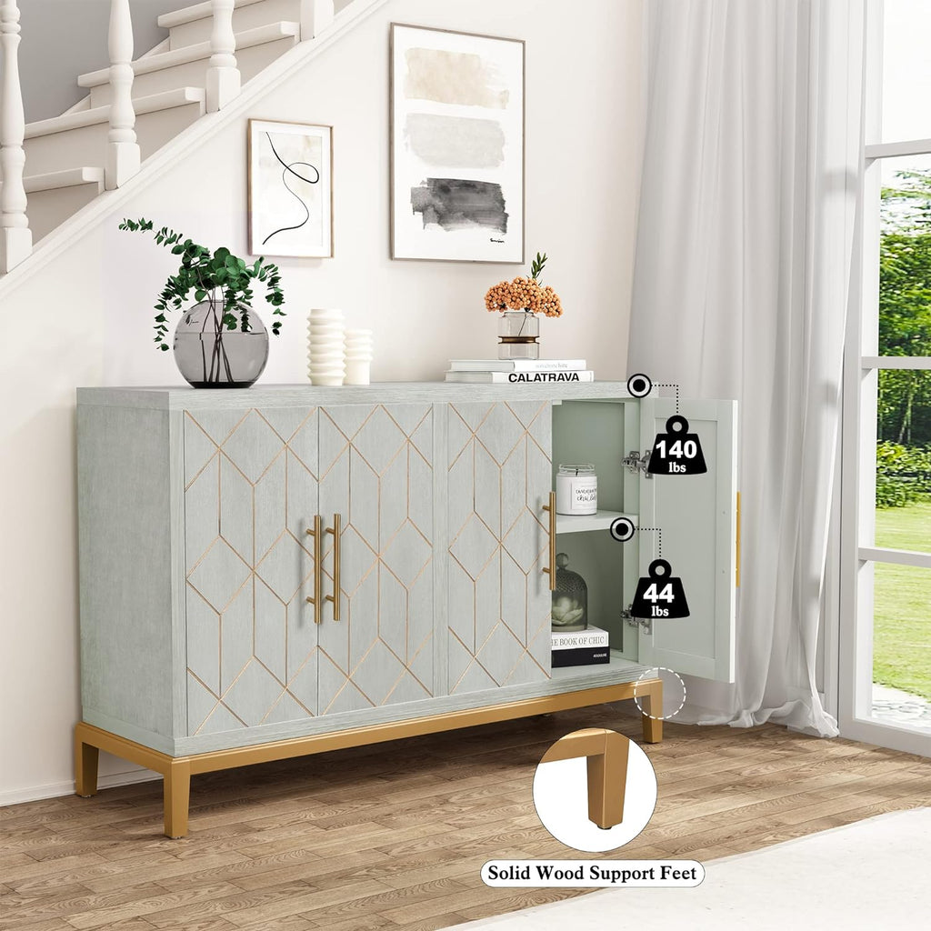HLR 48' Accent Cabinet with 4 Doors and Shelves, Modern Credenza Storage Cabinet with Gold Trim, Green Buffet Cabinet for Living Room, Kitchen, Dining Room, Hallway