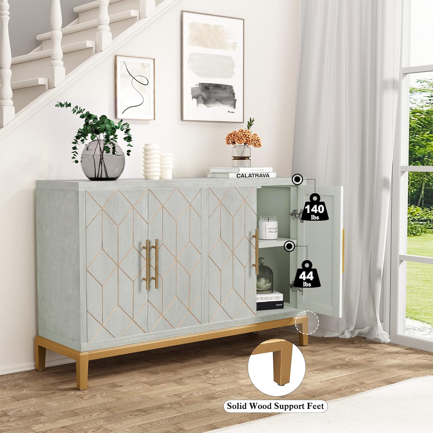 HLR 48' Accent Cabinet with 4 Doors and Shelves, Modern Credenza Storage Cabinet with Gold Trim, Green Buffet Cabinet for Living Room, Kitchen, Dining Room, Hallway