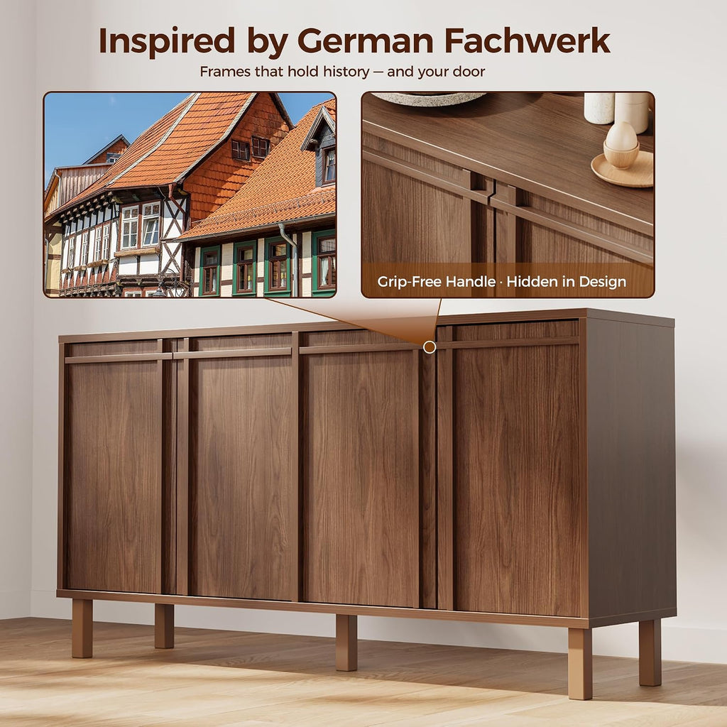 58 inch Sideboard Buffet Cabinet, Modern Credenza with 4 Doors & Adjustable Shelf, Large Coffee Bar Storage for Kitchen, Entryway