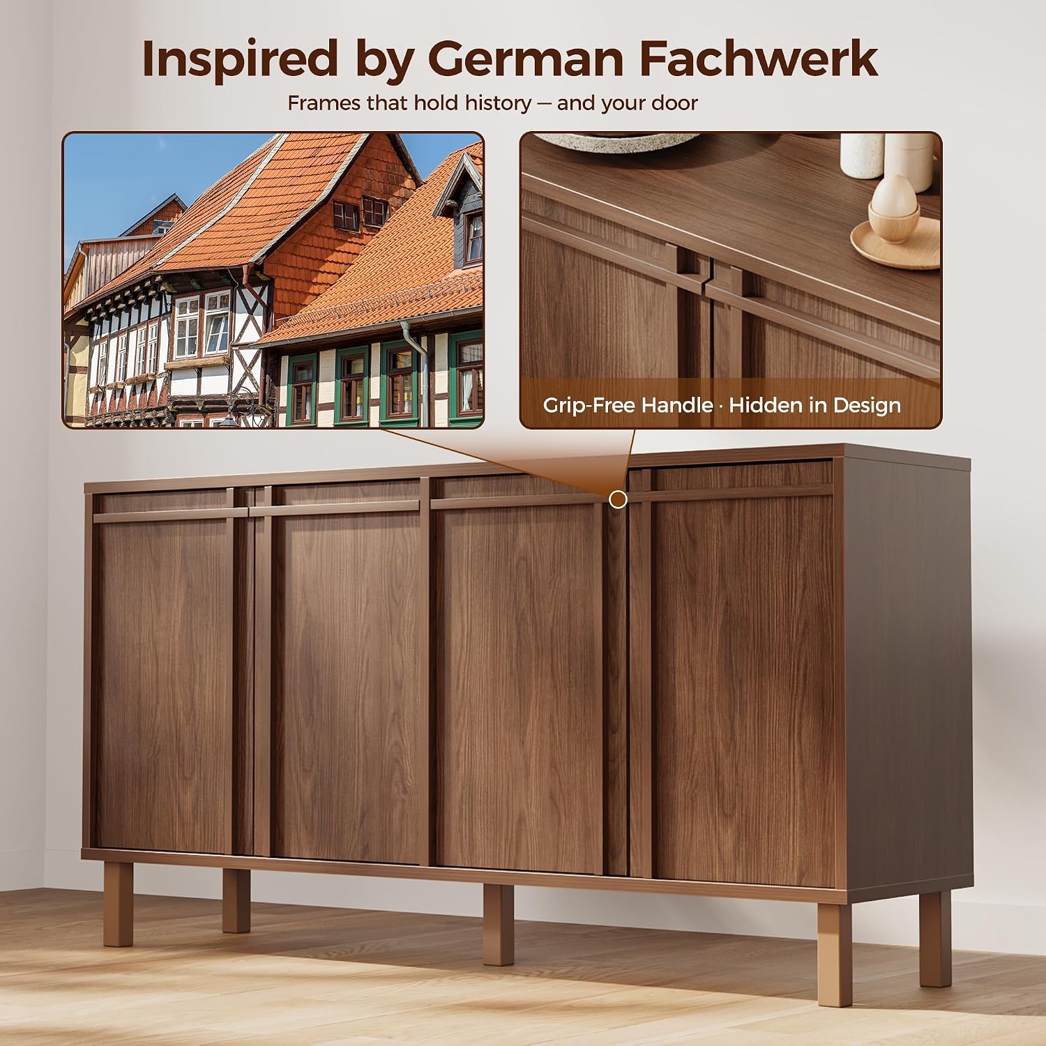 58 inch Sideboard Buffet Cabinet, Modern Credenza with 4 Doors & Adjustable Shelf, Large Coffee Bar Storage for Kitchen, Entryway