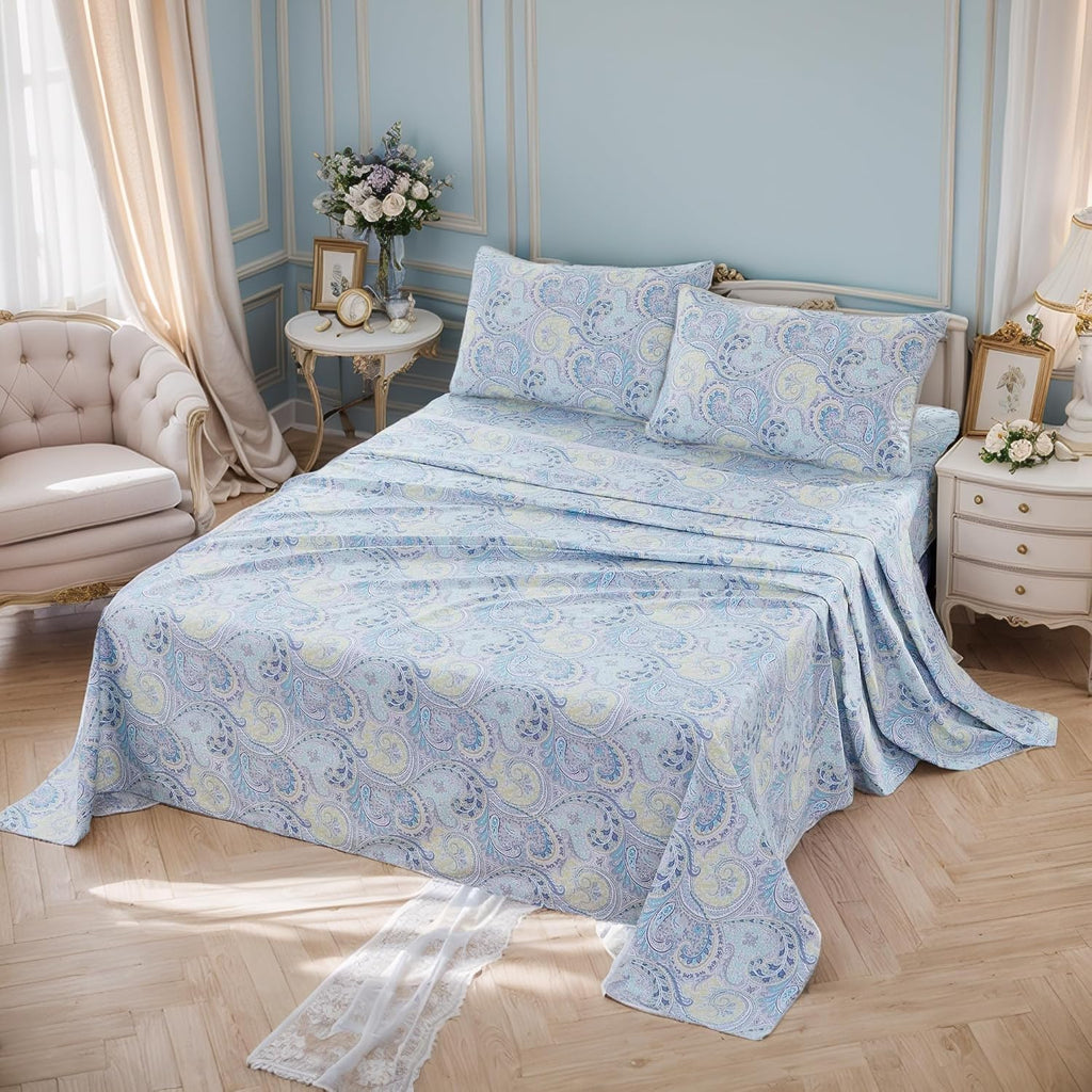 Brandream Paisley Queen Size Sheet Set Luxury Floral Boho Bohemian Medallio Bedding Collections 800 Thread Count 100% Egyptian Cotton Deep Pocket, 4 Piece, Blue