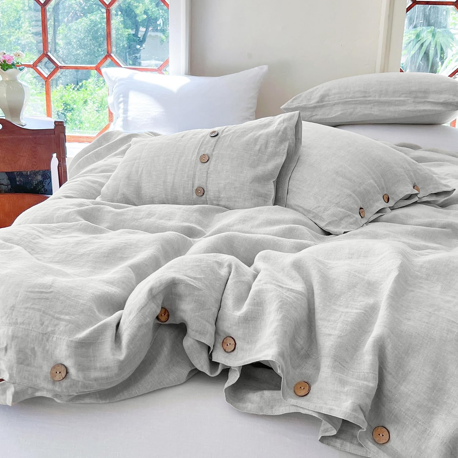 Simple&Opulence 100% Linen Duvet Cover Set 3pcs with Coconut Button Closure Natural French Washed Flax Solid Color Soft Breathable Farmhouse Bedding - Light Grey, Queen Size