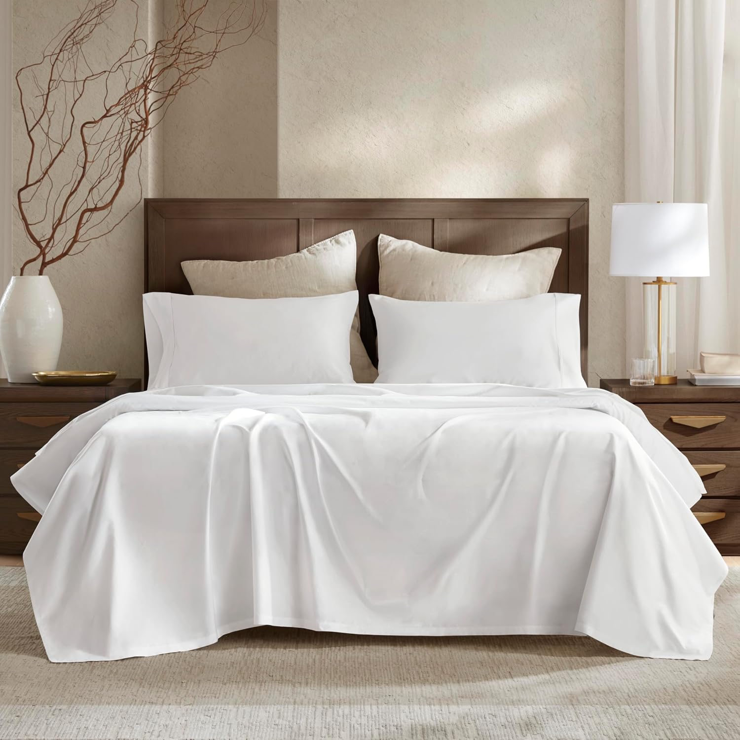 Harbor House Luxury 100% Egyptian Cotton Sheet Set, 400 Thread Count Sateen Weave, Soft & Breathable Bed Sheets with Deep Pocket, 4-Piece Queen Bedding Set, Bright White