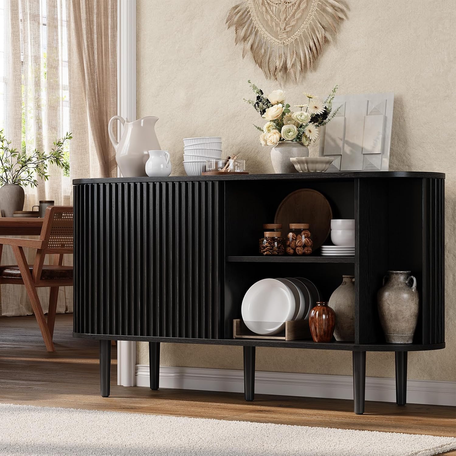 ONBRILL 55' Buffet Sideboard Cabinet with Sliding Doors, Mid-Century Modern Sideboard Buffet Cabinet with Storage & Adjustable Shelves, Accent Coffee Bar Console Table for Kitchen, Entryway, Black