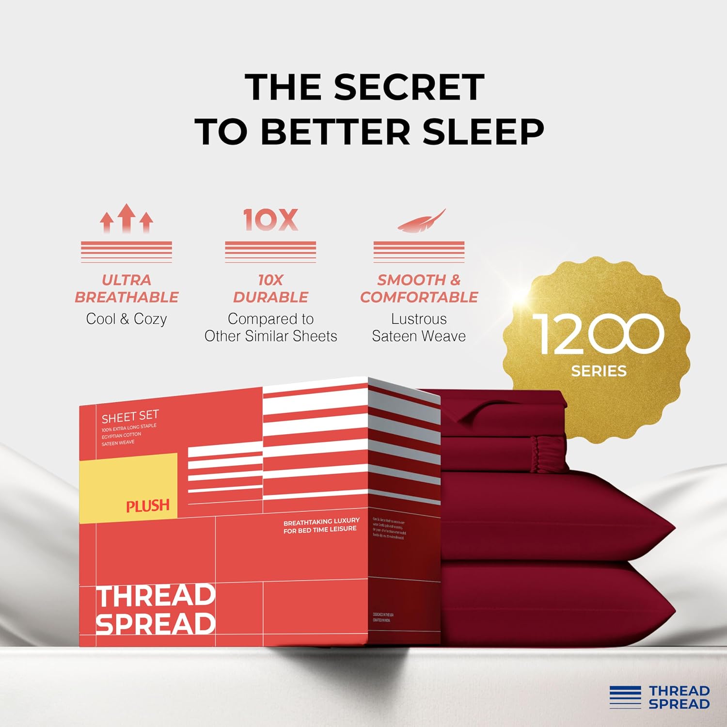 THREAD SPREAD 100% Egyptian Cotton Queen Sheets Set - 1200 Series Plush Collection Luxury Egyptian Cotton Sheets Queen Size Deep Pocket (4 PC, Burgundy), Soft, Cooling, Sateen Weave Sheet Set