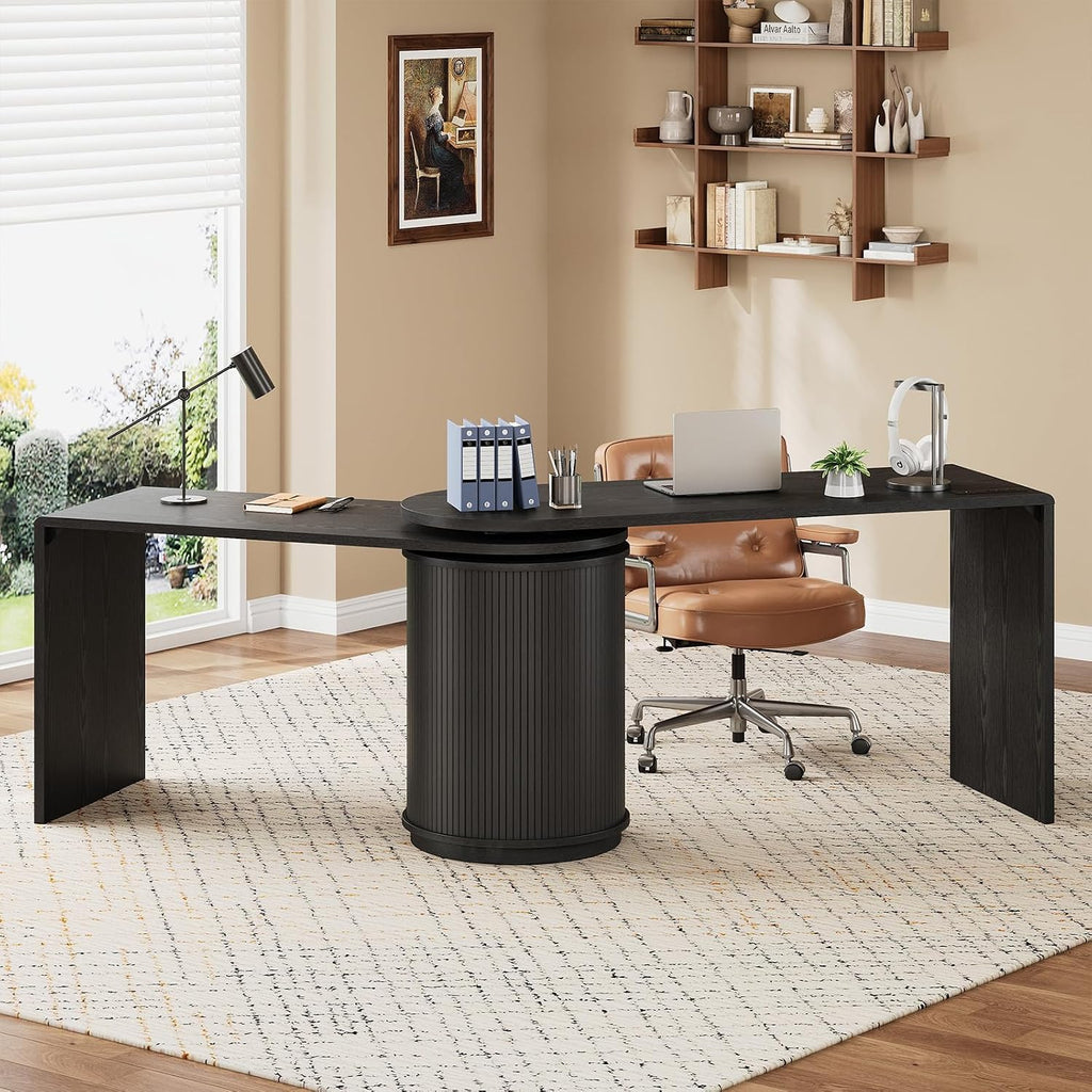ONBRILL 60 Inch L Shaped Desks with Power Outlets,360° Rotating Swivel Corner Desk with Storge, Fluted Computer Table for Home Office,Workstation,Study Room,Black