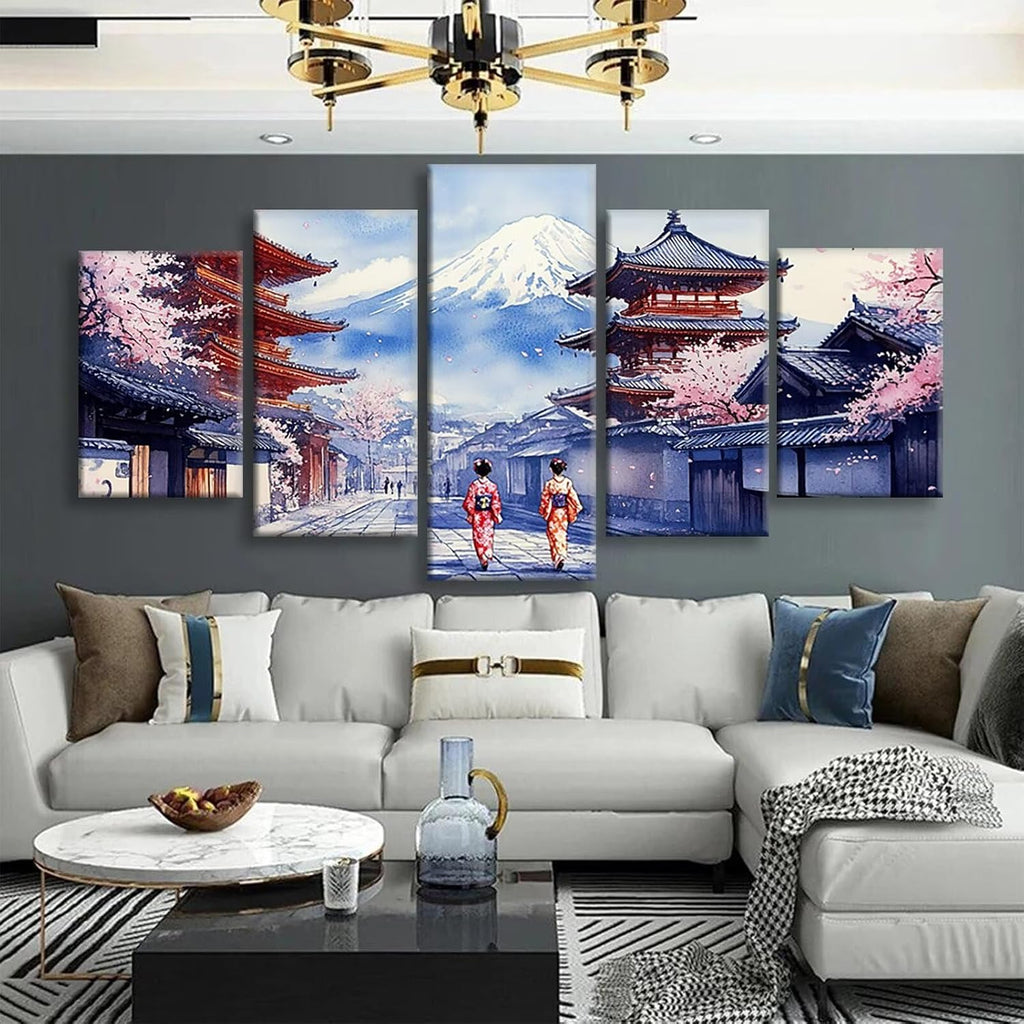Japan Diamond Art 5 Piece Diamond Painting Landscape 5D DIY Full Square Drill Dimond Art Paintings Crystal Crafts for Adults Gem Painting for Home Decor, Large Artwork for Wall 36 x 70 Inch, Model150