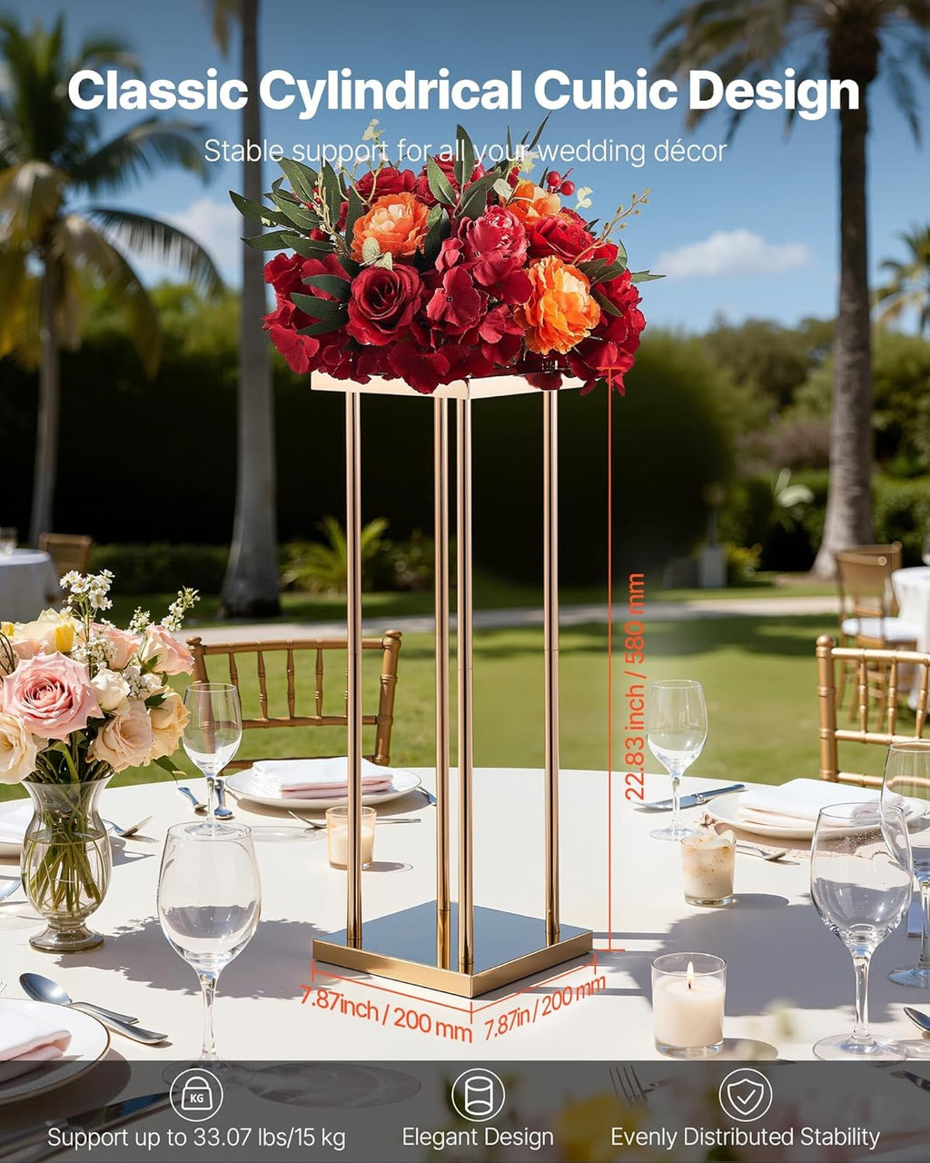 VEVOR Wedding Flower Stand, 10PCS 23.62-inch Column Flower Stand, Floral Stands with Metal Laminate, Cylindrical Cubic Floral Display Rack for Wedding, Party, Birthday, Home,French Gold Centerpiece Stands