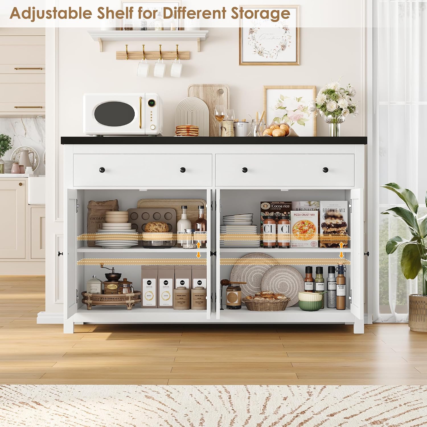 FOTOSOK Sideboard Buffet Cabinet with Storage, 55' Large Kitchen Storage Cabinet with 2 Drawers and 4 Doors, Wood Coffee Bar Cabinets Buffet Table for Kitchen Dining Room, White and Black