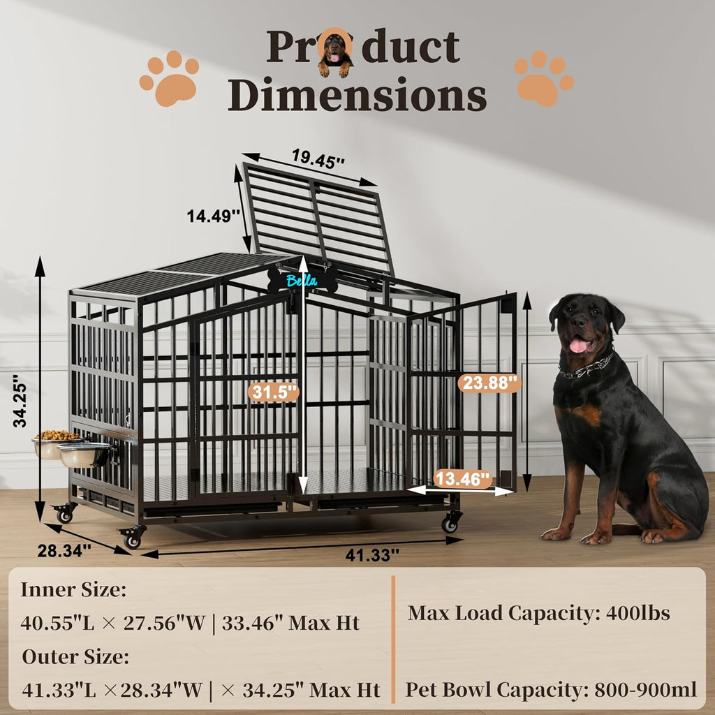 EasyCom 41 inch Heavy Duty Indestructible Dog Crate, Extra Large Metal Dog Kennel with 2 Adjustable Bowls, Open Top & Lockable Wheels, Escape Proof Indoor Cage for High Anxiety Large & Medium Breeds