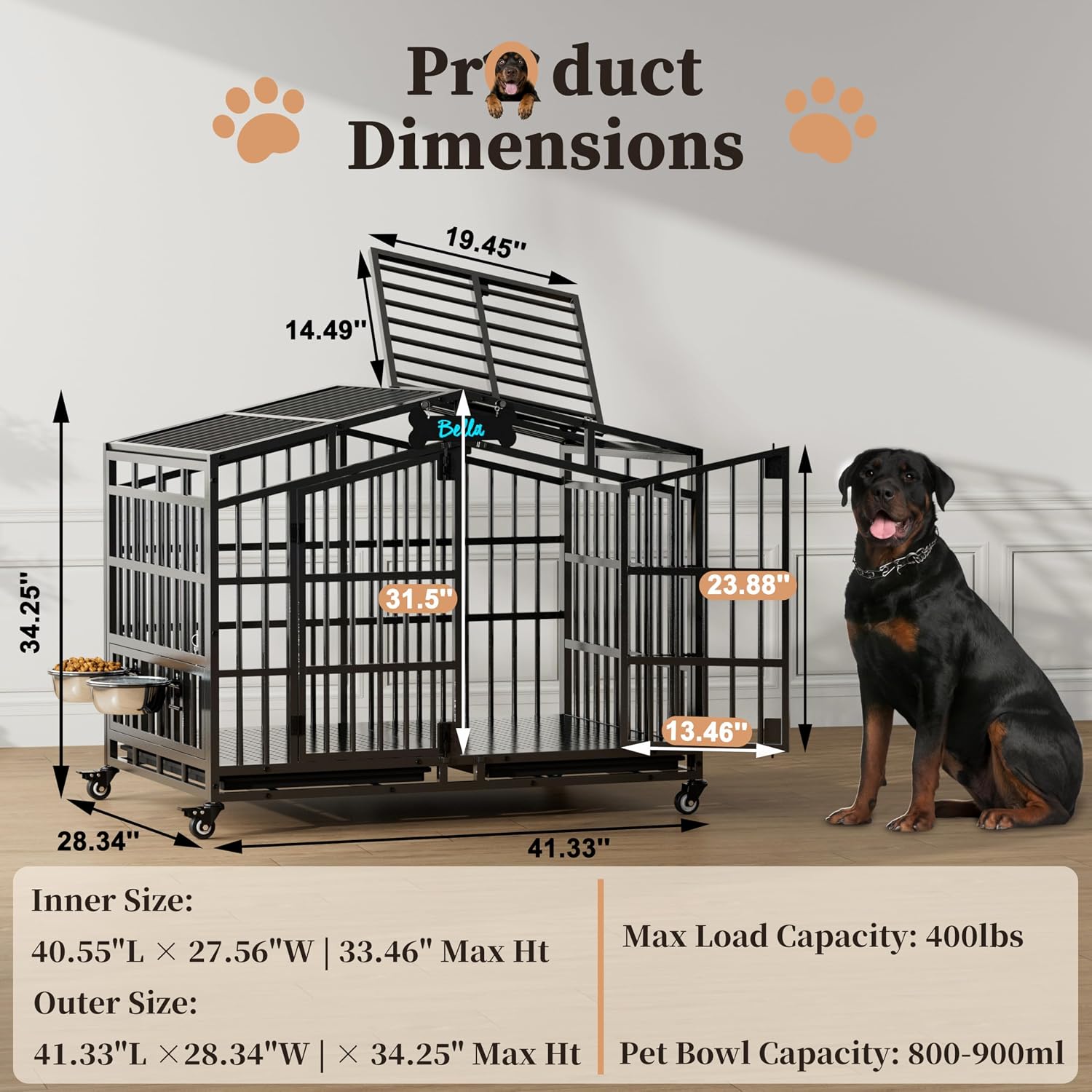 EasyCom 41 inch Heavy Duty Indestructible Dog Crate, Extra Large Metal Dog Kennel with 2 Adjustable Bowls, Open Top & Lockable Wheels, Escape Proof Indoor Cage for High Anxiety Large & Medium Breeds