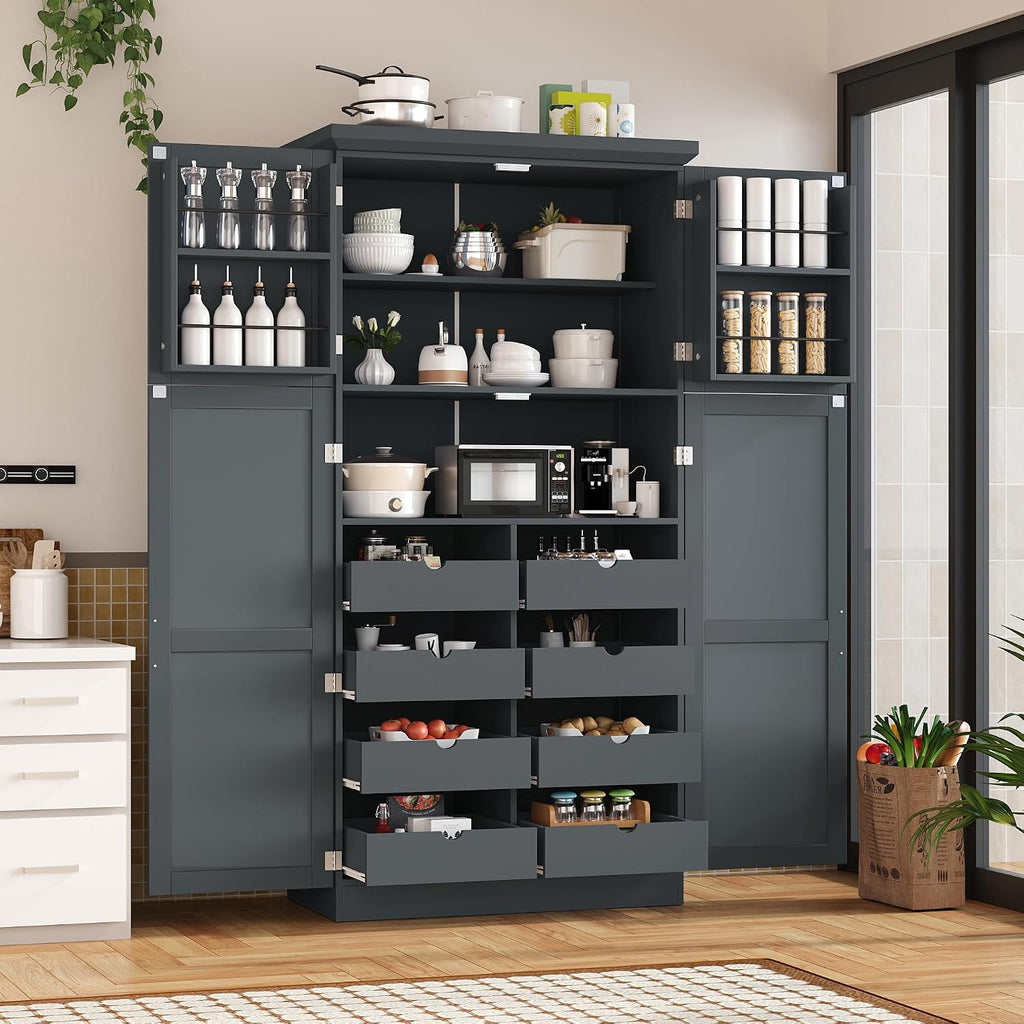 Merax 71' Tall Kitchen Pantry Cabinet with 4 Doors, 2 Door Shelves, 8 Pull-Out Trays and Adjustable Shelf, Freestanding Pantry for Kitchen, Dining,Gray (35.5x17.6x70.9inch)