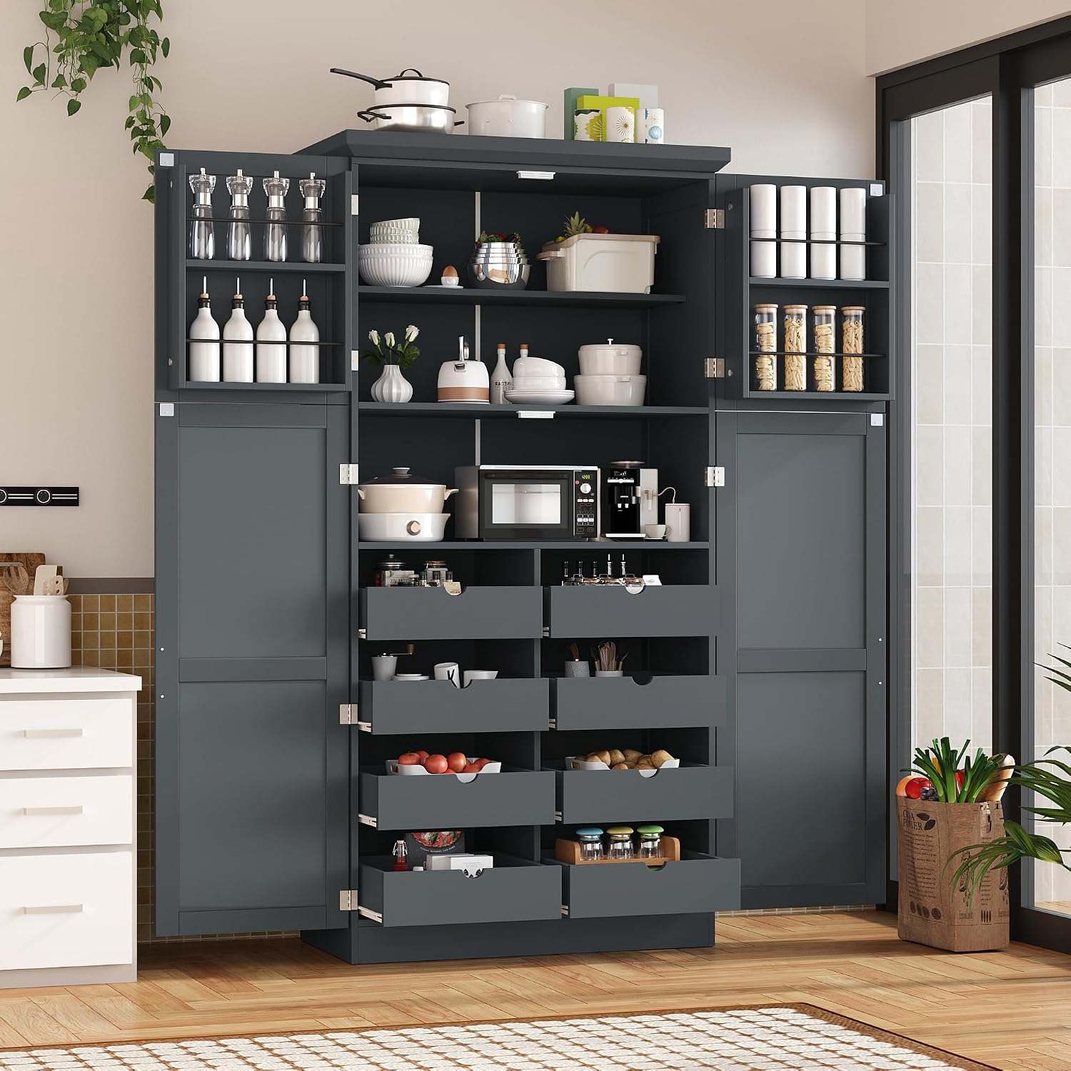 Merax 71' Tall Kitchen Pantry Cabinet with 4 Doors, 2 Door Shelves, 8 Pull-Out Trays and Adjustable Shelf, Freestanding Pantry for Kitchen, Dining,Gray (35.5x17.6x70.9inch)