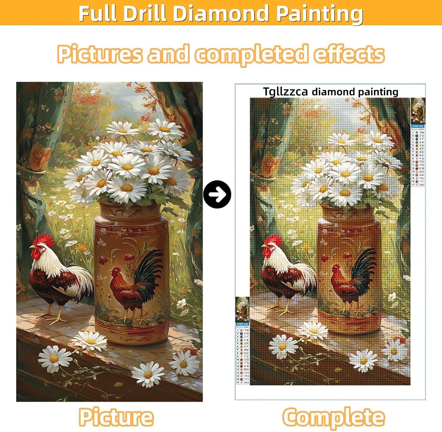 Diamond Art Kits for Adults Daisy Diamond Painting Kits, 5D DIY Square Chicken Full Drill Dimond Art Paintings Rhinestones Crafts for Adults for Gift Home Wall Decor, Large Size 36 x 72 Inch, Model762