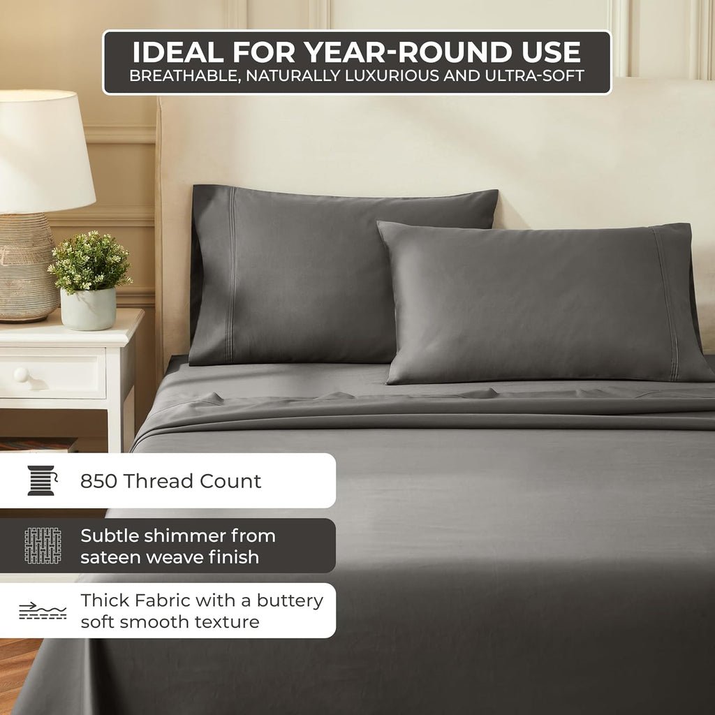 Superior Egyptian Cotton 850 Thread Count Bed Sheet Set, 1 Elastic Deep Pocket Fitted Sheet, 1 Flat Sheet, 2 Pillowcases, Daily Soft Sheets, Luxury, Plush, Home Collection, Full, Grey
