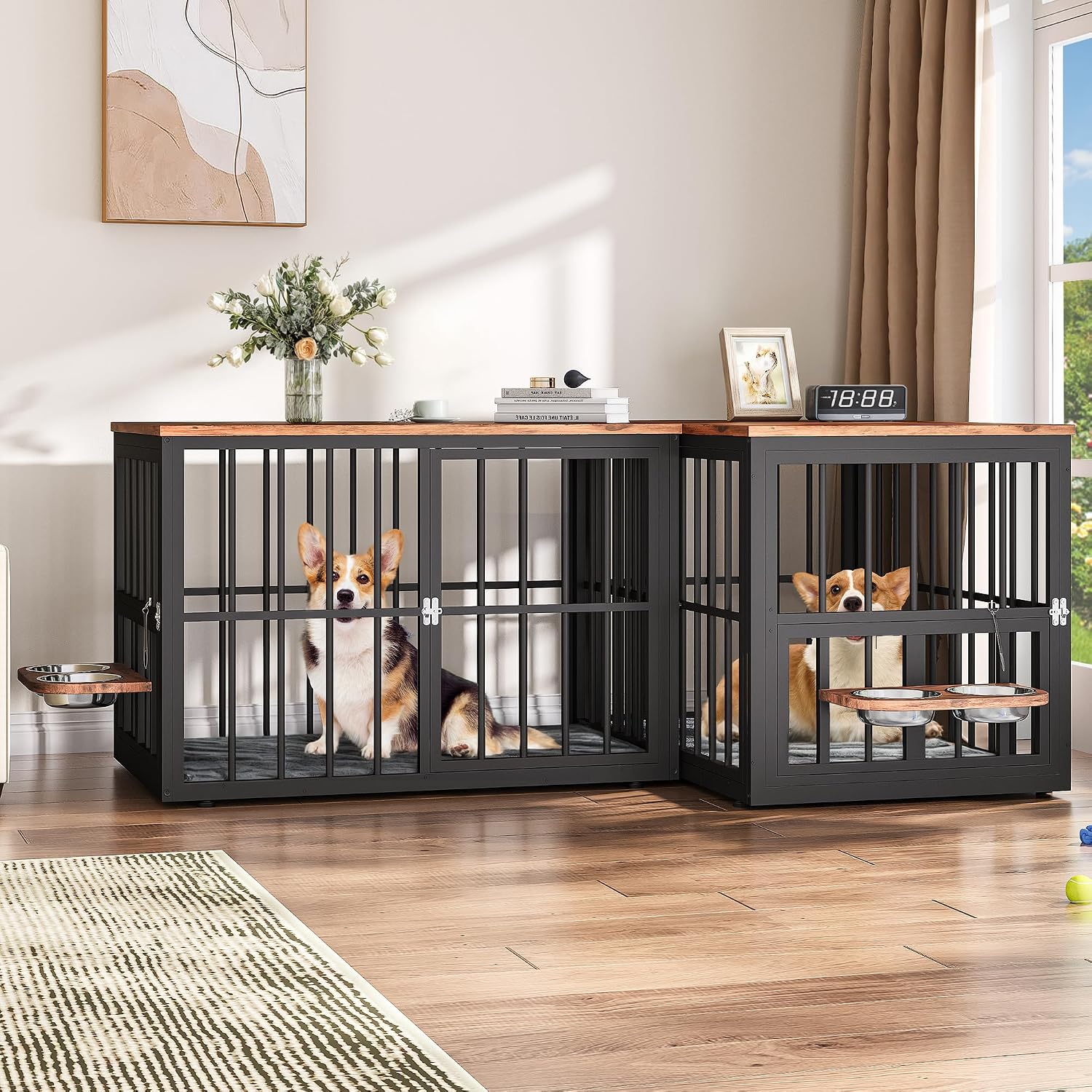 YITAHOME 77.6' Large Corner Dog Crate Furniture for 2 Dogs, Steel Frame Cage with Double Doors & Bowls & 3 Doors, Double Dog Crate Furniture TV Stand for Medium Large Dogs, Brown