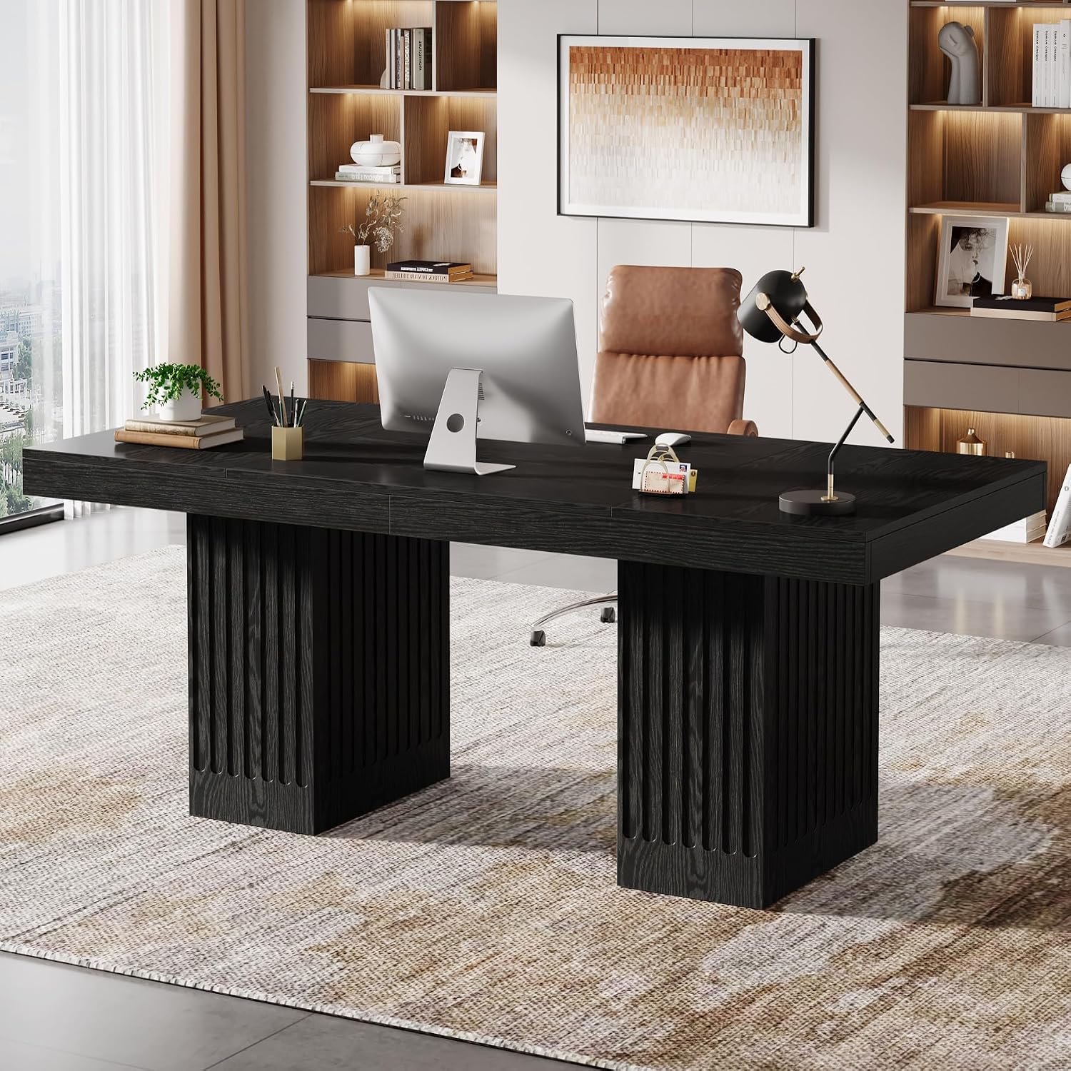 Tribesigns 63 Inch Executive Desk, Large Office Computer Desk with Double Pedestal, Black Modern Simple Desk, Study Writing Table Business Furniture for Home Office, Set of 2